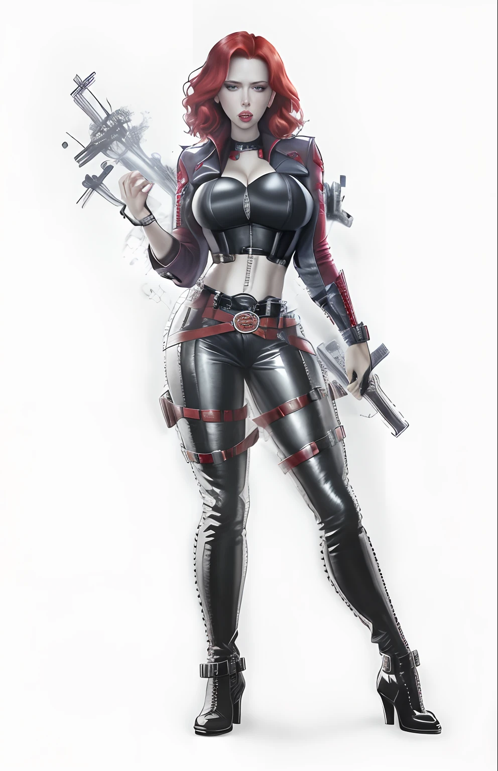 black widow scarlet johansson, Scarlet Johansson Face, red hair, (huge tits:1.2), wide hips, (large belt buckle:1.3)