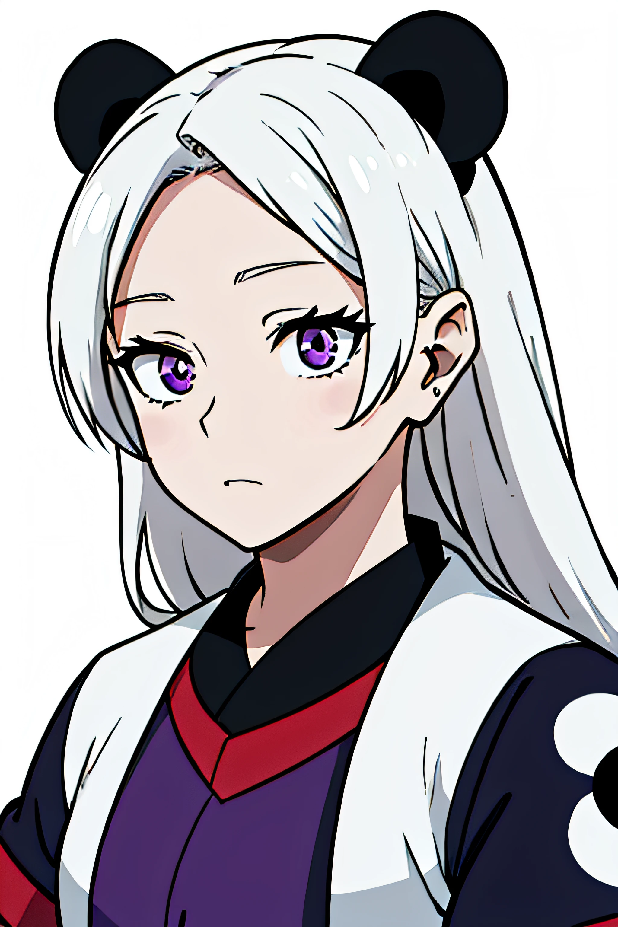 horikoshi kouhei,Younger,girl,portrait,upperbody,female focus,long hair,solo,masterpiece,4k,simple background,panda ears,White hair,purple eyes,Idol clothes,15 years old,detailed eyes,detailed face,