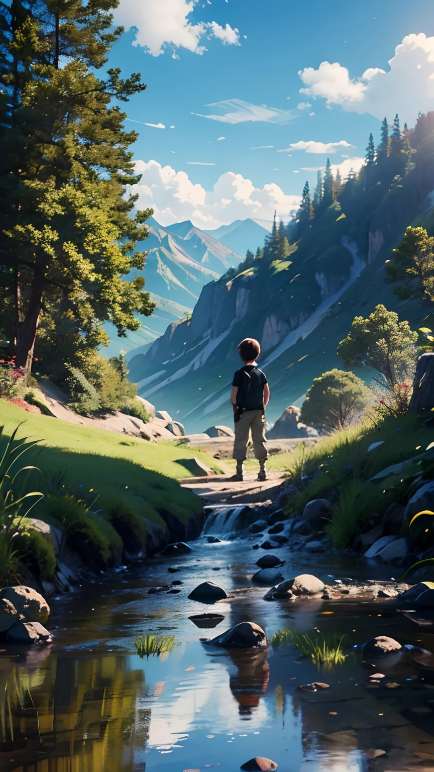 A boy standing in the middle of beautiful landscapes