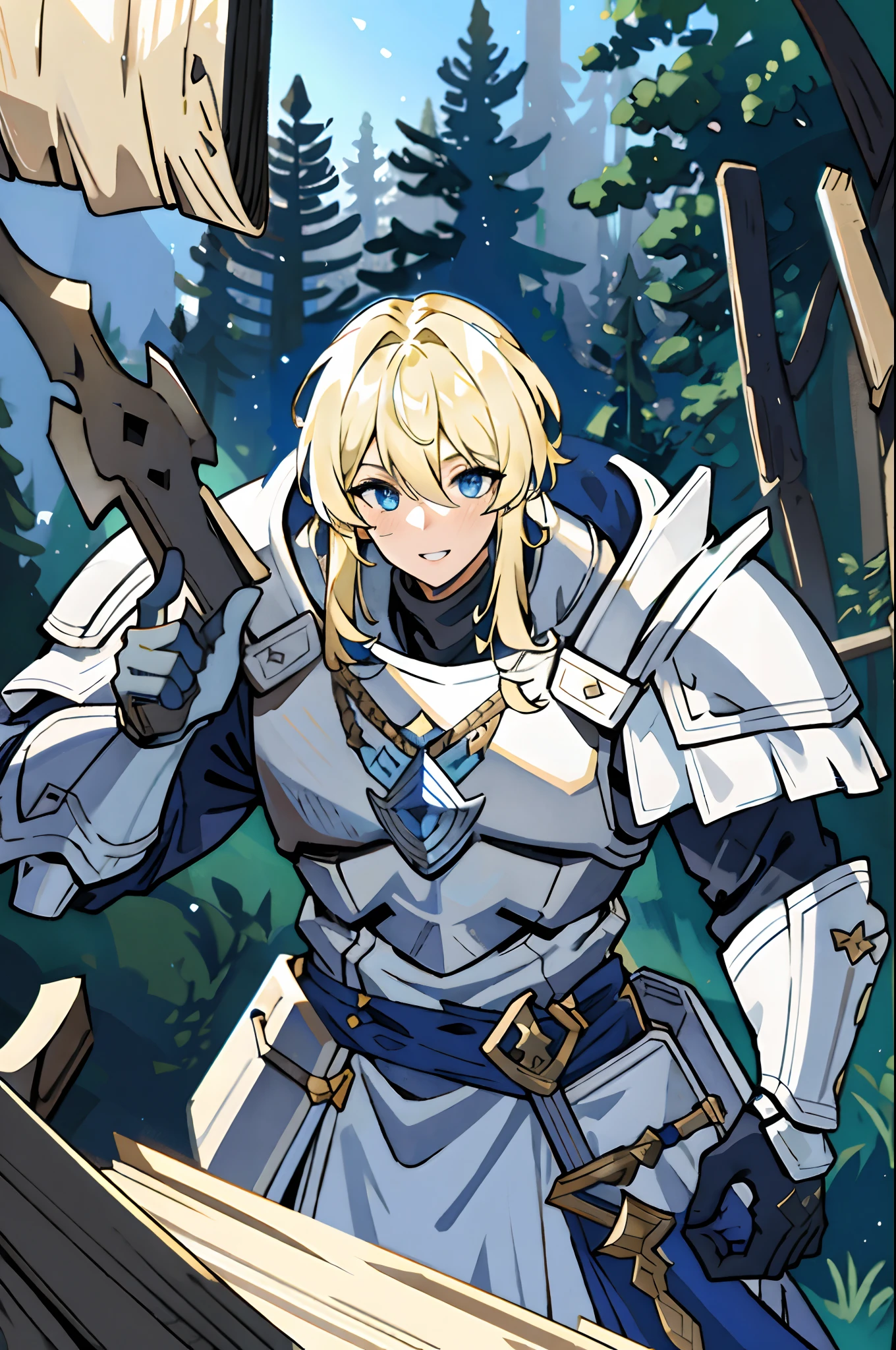 blonde hair, blue eyes, loose hair, short hair, man, wearing PLD_armor, PLD_armor, silver PLD_armor, happy, smiling, tanned skin, forest, daylight, plains, dynamic shot,  (masterpiece), best quality, highres, 4k, 8k, Detailed Illustration, intricate detail, cinematic lighting, amazing quality, amazing shading, soft lighting, facing camera, warhammer, big warhammer, holding a warhammer, the warhammer he is holding is bigger than                                                                                                                                                       him, strong, muscular