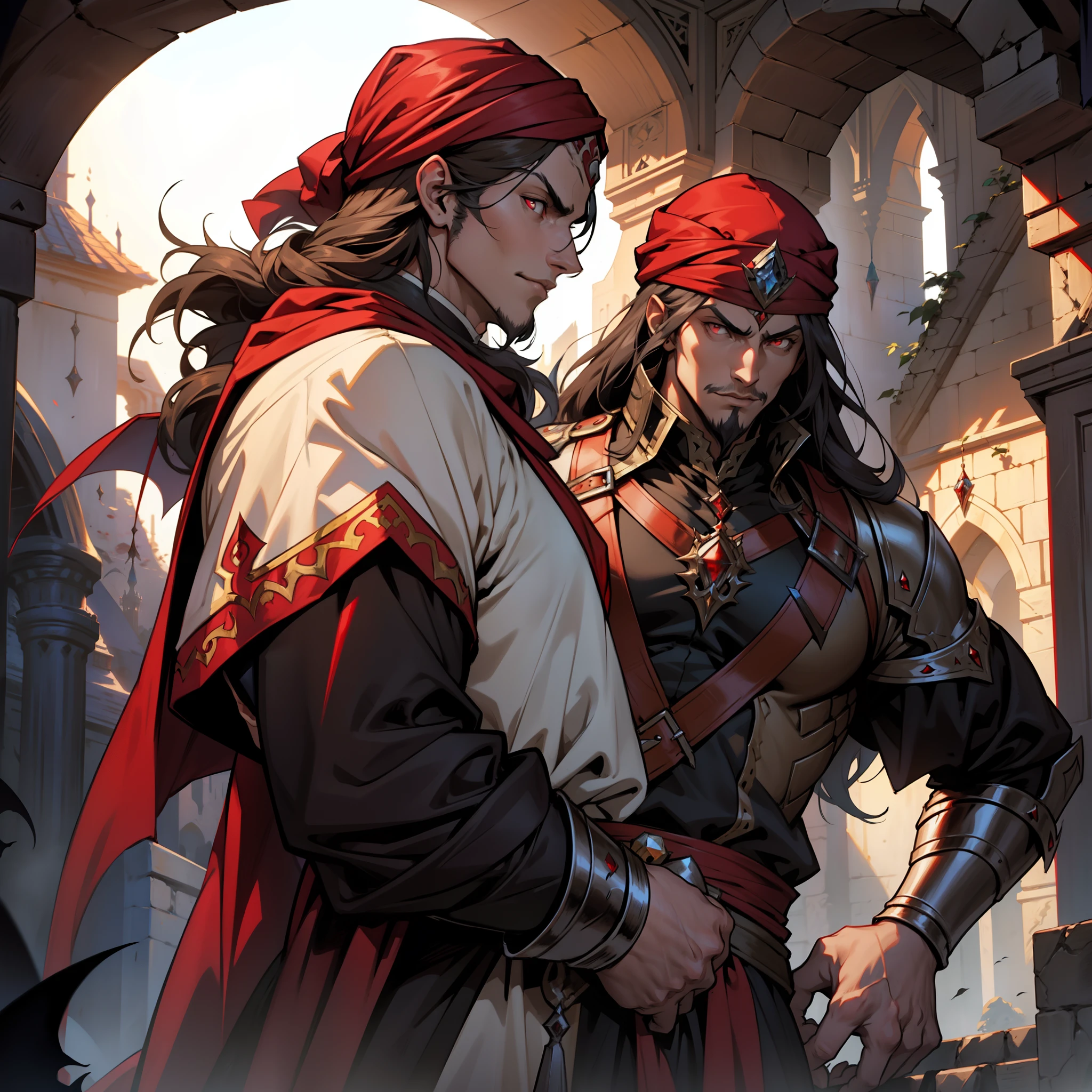 Castlevania, Lord of the Shadows, Moroccan Lord Dracula, with Red Turban Handsome Muscular Warrior Long Hair White Red Eyes Medieval Crystal with its Scary Demons