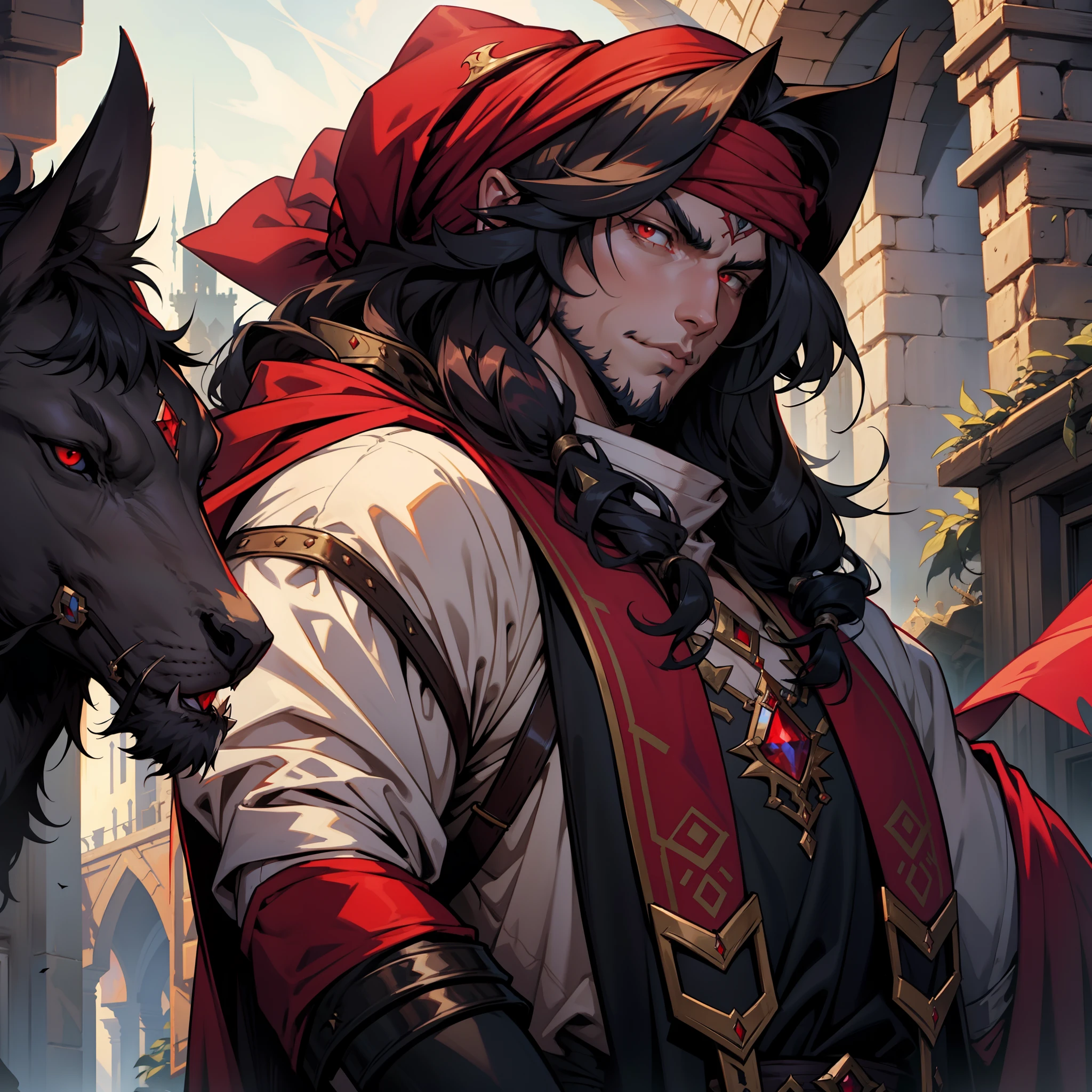 Castlevania, Lord of the Shadows, Moroccan Lord Dracula, with Red Turban Handsome Muscular Warrior Long Hair White Red Eyes Medieval Crystal with its Scary Demons