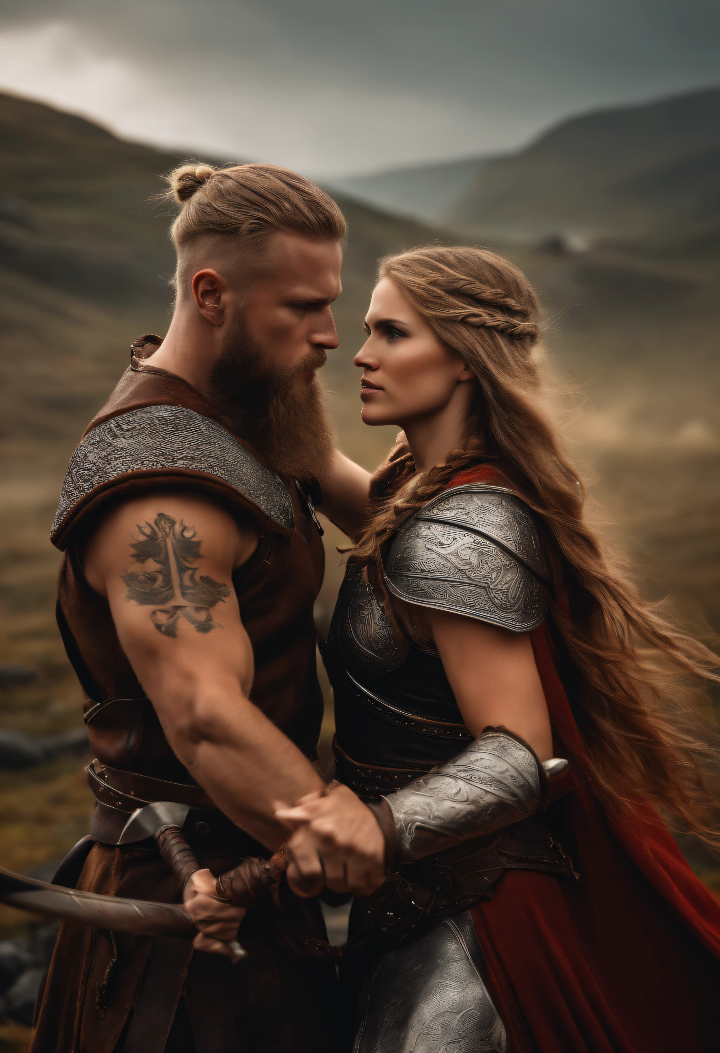 Viking warrior couple fighting enemies on the battlefield