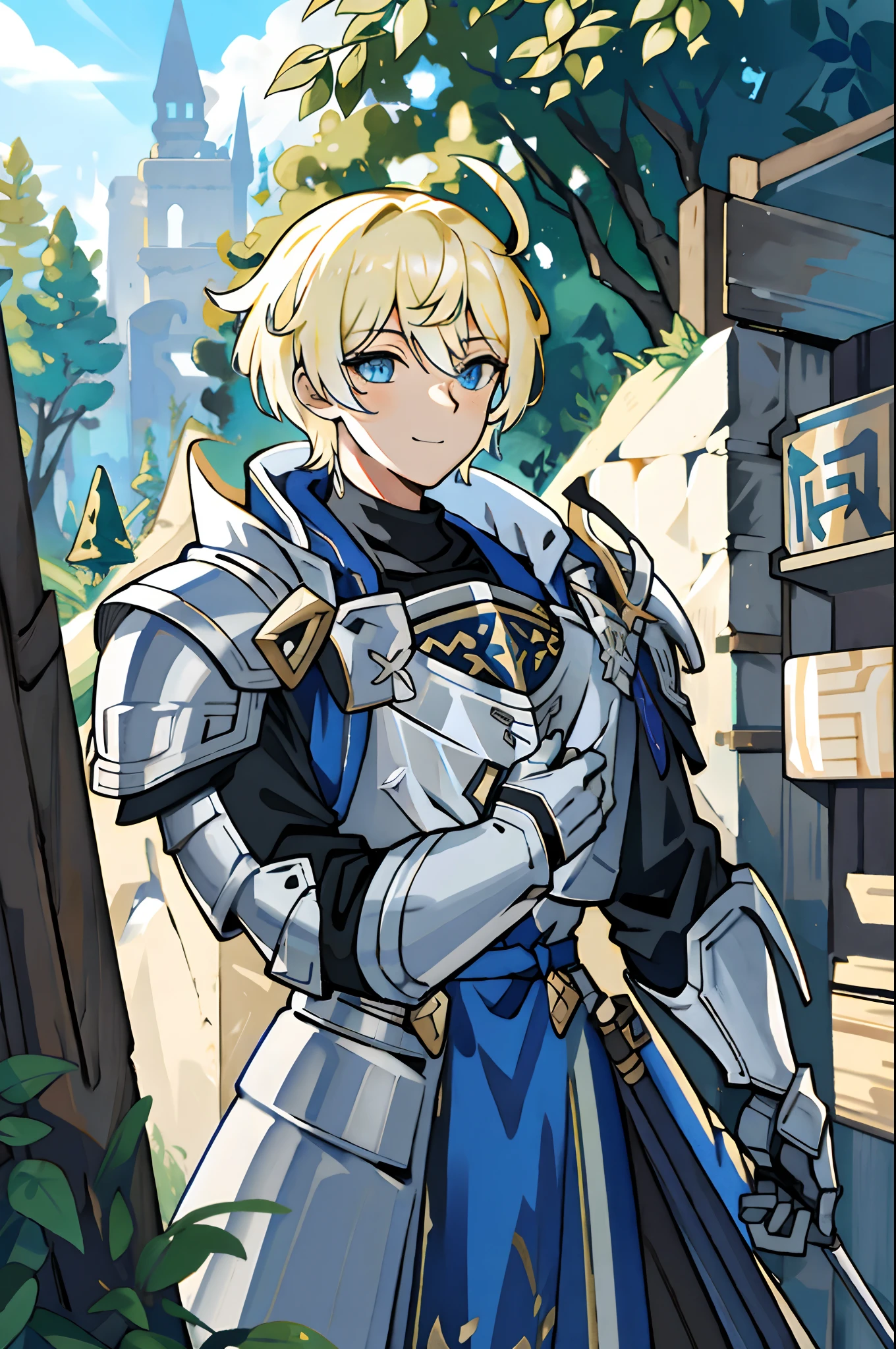 blonde hair, blue eyes, loose hair, short hair, man, wearing PLD_armor, PLD_armor, silver PLD_armor, happy, smiling, tanned skin, forest, daylight, plains, dynamic shot, (masterpiece), best quality, highres, 4k, 8k, Detailed Illustration, intricate detail, cinematic lighting, amazing quality, amazing shading, soft lighting, facing camera, warhammer, big warhammer, holding a warhammer, the warhammer he is holding is bigger than him, strong, muscular