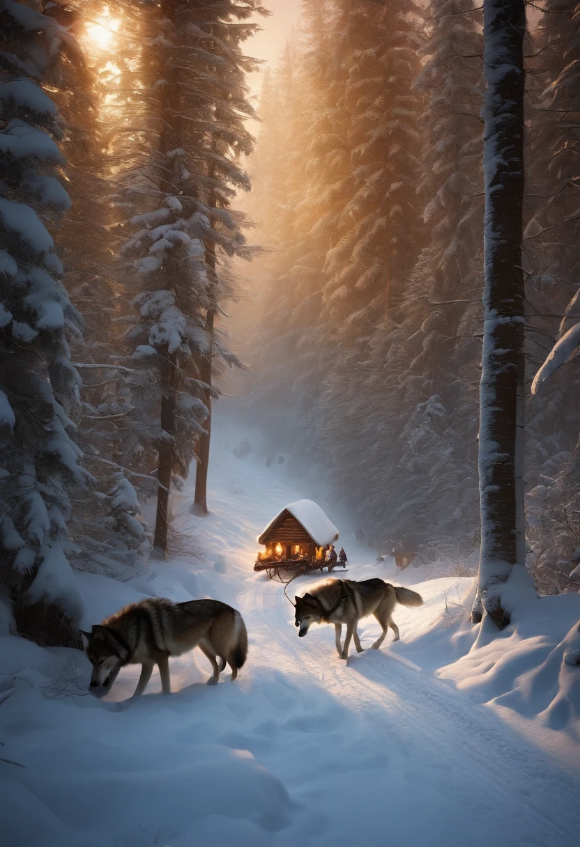 An old nag drags a sleigh with firewood through a winter forest surrounded by wolves