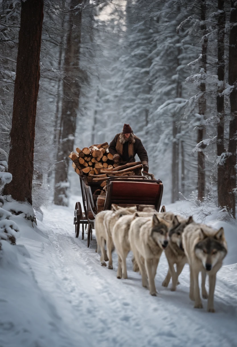 An old nag drags a sleigh with firewood through a winter forest surrounded by wolves