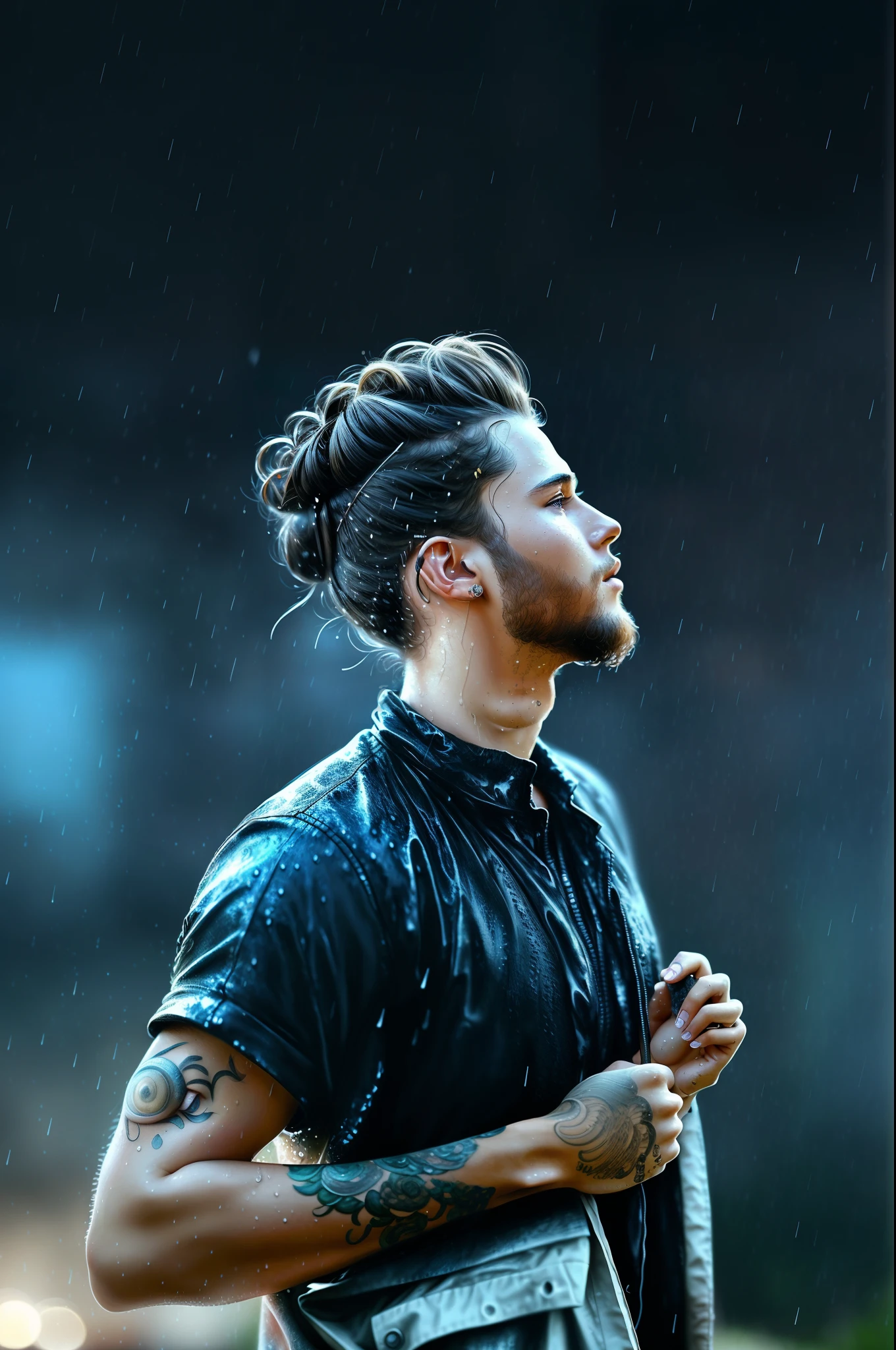 there is man with a messy bun in the rain, highly realistic digital art, very realistic digital art, beautiful digital artwork, cinematic realistic portrait, ultra realistic digital painting, gorgeous face portrait, beautiful portrait photo, detailed beauty portrait, beautiful realistic face, ultra realistic digital art, ultra-realistic digital art, detailed beautiful portrait, realistic digital painting, beautiful face portrait