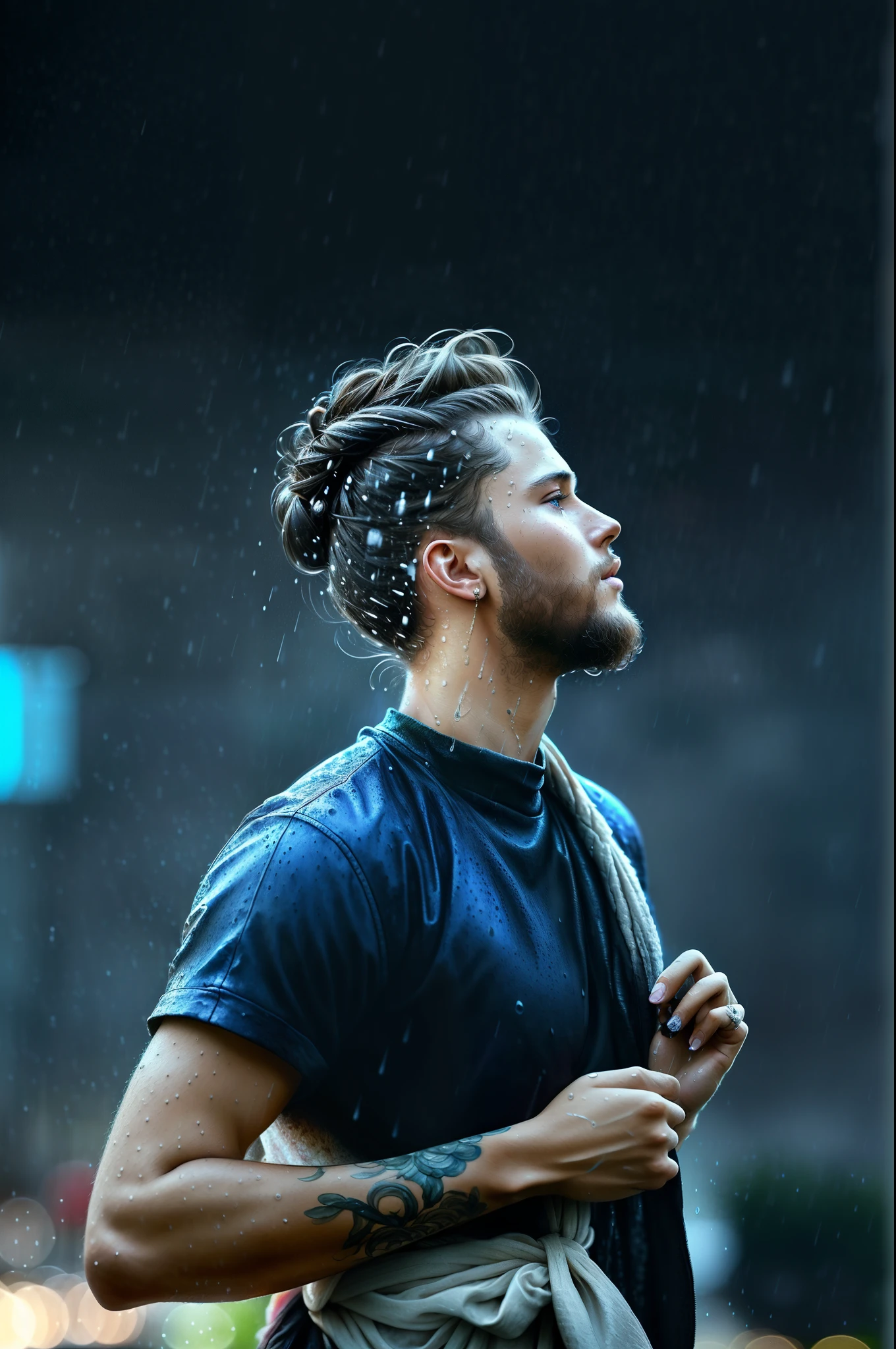 there is man with a messy bun in the rain, highly realistic digital art, very realistic digital art, beautiful digital artwork, cinematic realistic portrait, ultra realistic digital painting, gorgeous face portrait, beautiful portrait photo, detailed beauty portrait, beautiful realistic face, ultra realistic digital art, ultra-realistic digital art, detailed beautiful portrait, realistic digital painting, beautiful face portrait