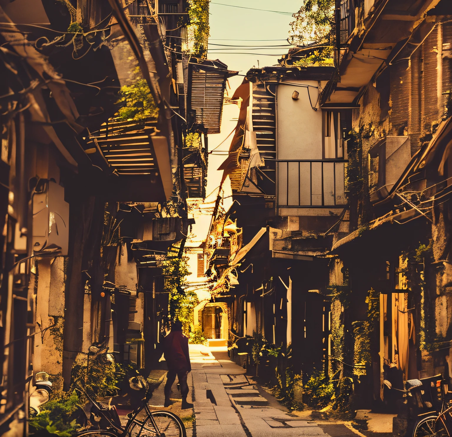 there is a man walking down a narrow street, ancient city street bicycles parked, japanese street, old city, street perspective, alleyway