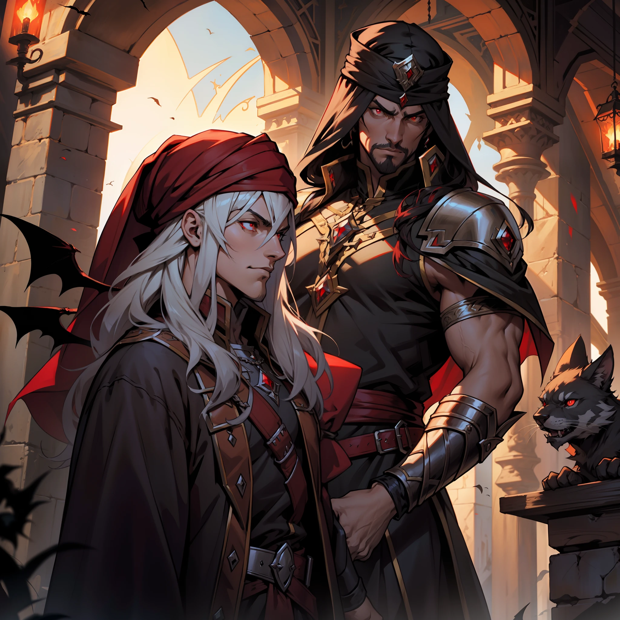 Castlevania, Lord of the Shadows, Moroccan Lord Dracula, with Red Turban Handsome Muscular Warrior Long Hair White Red Eyes Medieval Crystal with its Scary Demons