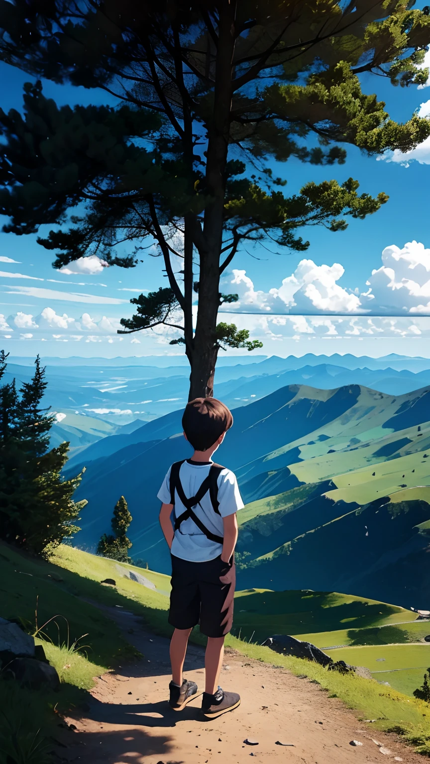 A boy standing in the middle of beautiful landscapes