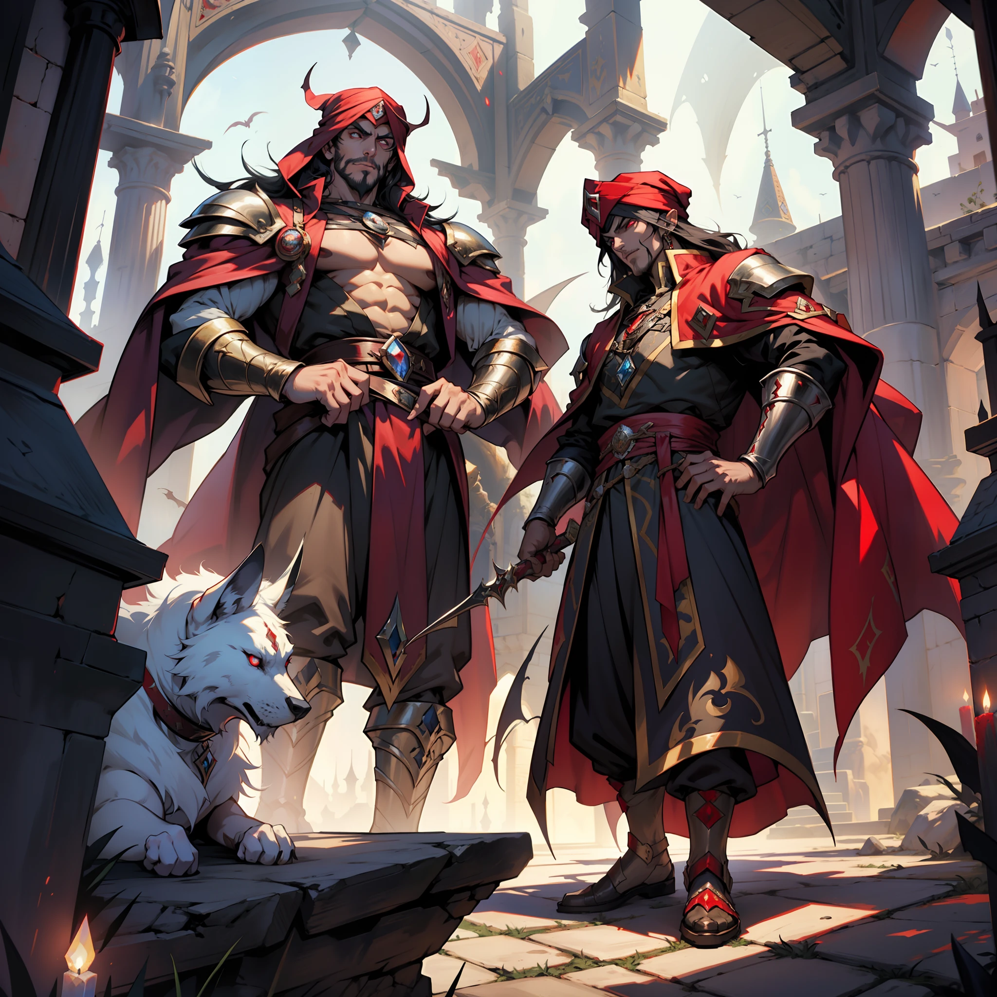 Castlevania, Lord of the Shadows, Moroccan Lord Dracula, with Red Turban Handsome Muscular Warrior Long Hair White Red Eyes Medieval Crystal with its Scary Demons