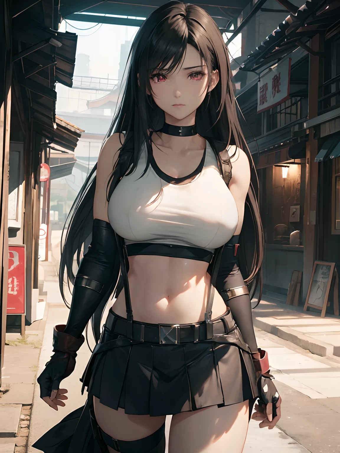 8k,masterpiece, bset quality,huge tit、(1girl in)、tifa lockhart、red_eyes、black hair、long hair、professional lighting、(shinny skin:1.2)、Shiny big、 ((top-quality))、 Crisp focus:1.2、Highly detailed facial and skin texture、A detailed eye、face perfect、perfect bodies、art by、CG、Blur the background、Big breasts with a strong presence、(20yo、Mature cool and beautiful face)、wear ((Suspender Black Skirt), Black Elbow Gloves,White taut shirt、Thigh、white tank tops)、red blush、(Mittgarh)、randome pose、upper body