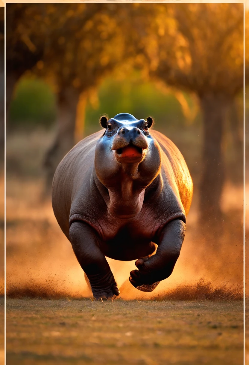 Dancing hippopotamus surrounded by ostriches