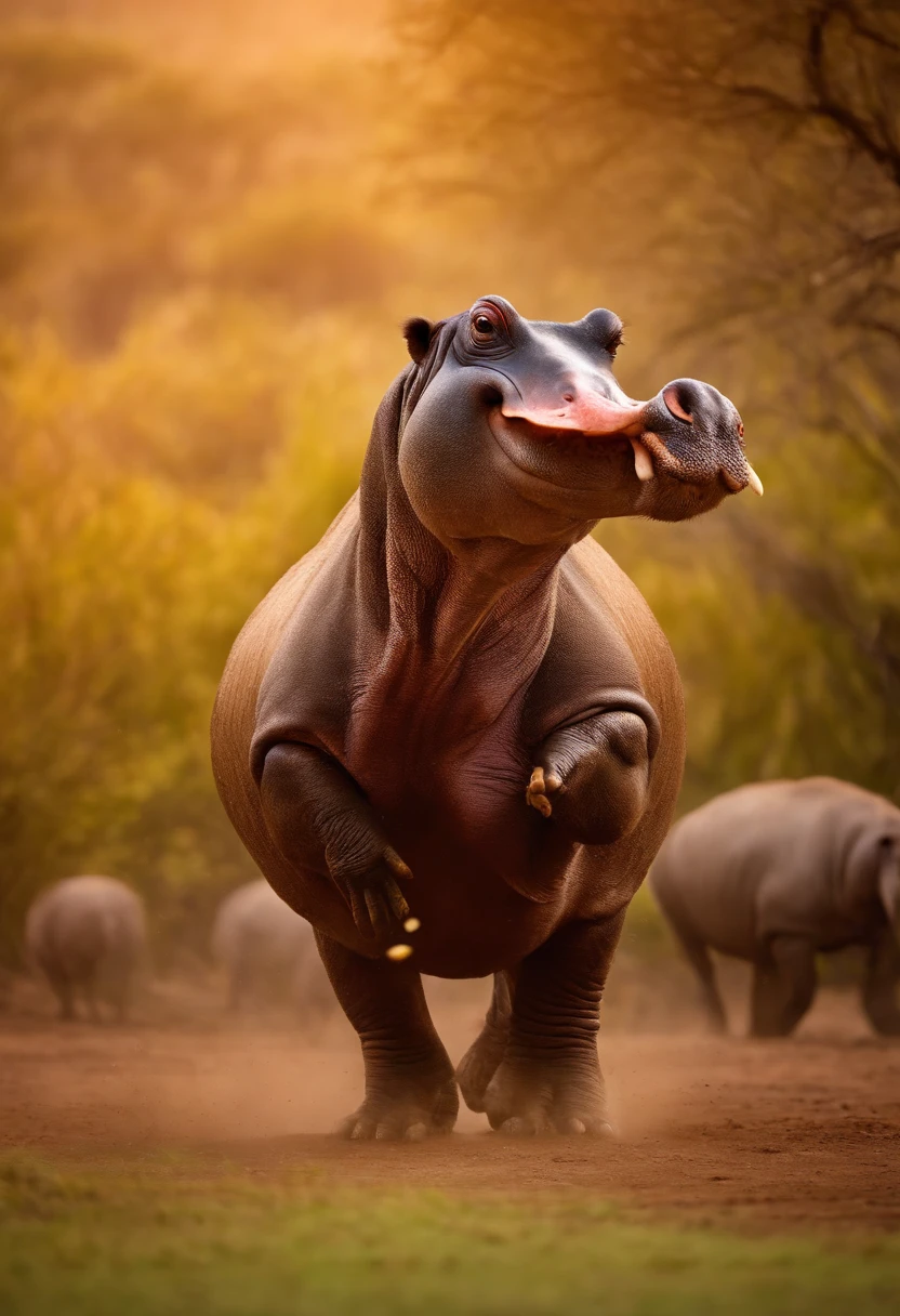 Dancing hippopotamus surrounded by ostriches