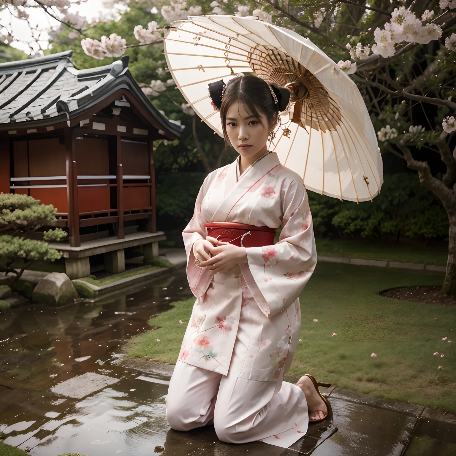 (tmasterpiece:1.2),best qualtiy,realisticlying, There is a woman wearing traditional Japanese clothing and a parasol on left side of image , Traditional beauty, Japanese woman, elegant japanese woman, Japanese model, traditional japanese, japanese-inspired, kneeling posture, symmetrical composition, Gangnam style building on right side of image, background of cherry blossom trees, rainy climate, The scene is painted with a blend of illustration and photorealism, Ultra-detailed brush strokes and clarity, Vivid colors. Lighting emphasizes the elegant features of the geisha, Gives her porcelain skin a soft glow. Artwork is of the highest quality, 4K or 8K resolution, Showcase the intricate details of her kimono.