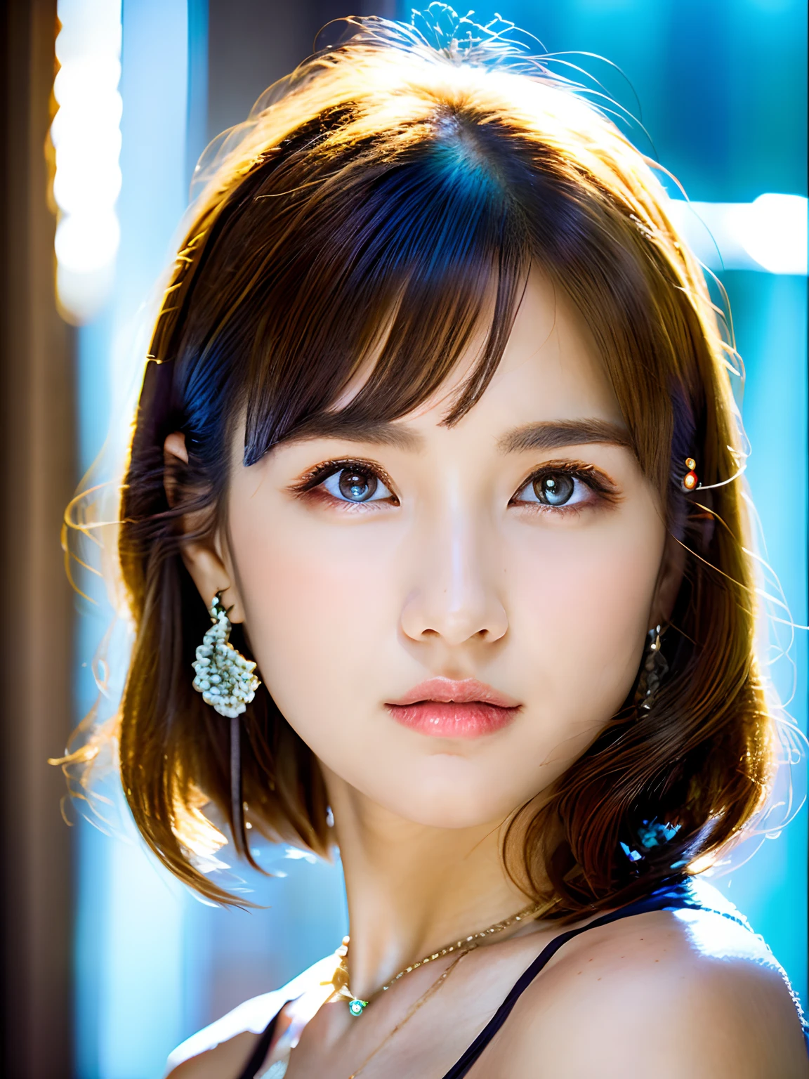 light brown hair, intense crystal light blue eyes, no earrings