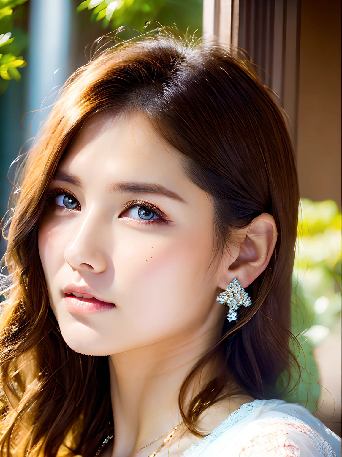 light brown hair, intense crystal light blue eyes, no earrings