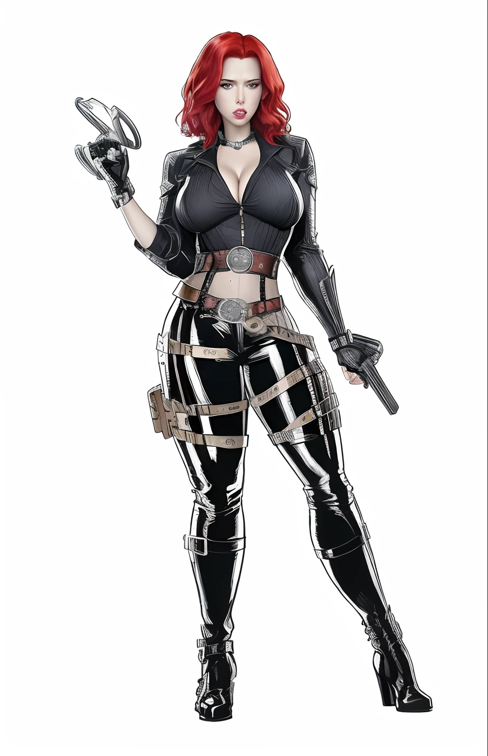 black widow scarlet johansson, Scarlet Johansson Face, red hair, (huge tits:1.2), wide hips, (large belt buckle:1.3)