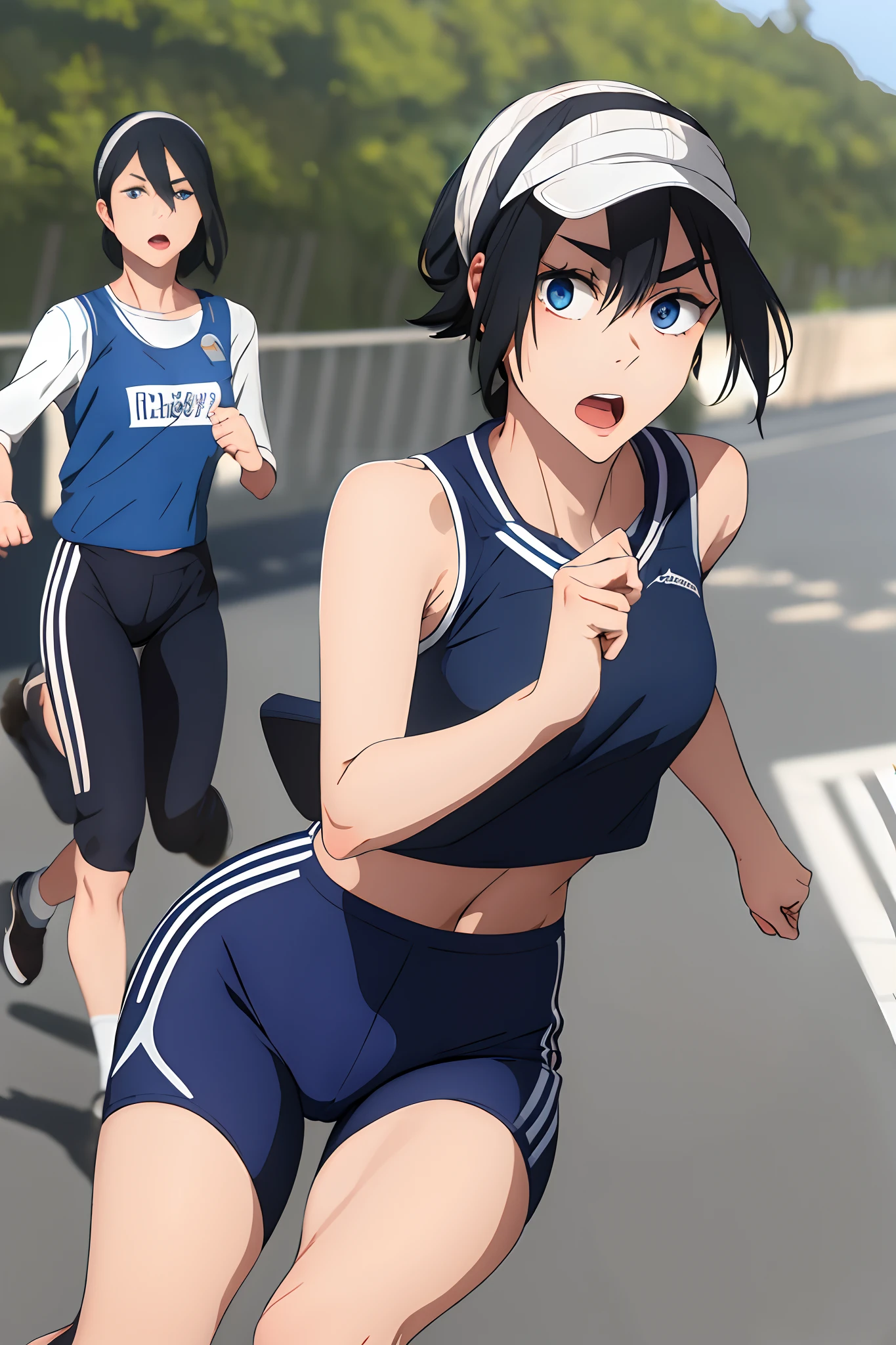 ​masterpiece, top-quality, Hi-Res, 1girl in,perspiring、 Dark hair、perspiring, shorth hair, blue eyess, perspiring、middlebreasts, Tank Tops, Bike Shorts, Midriff, Running, perspiring, open open mouth, plein air