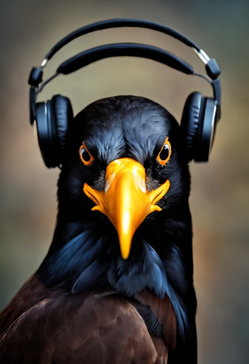 Crow's head with cheese in its mouth and headphones on its head