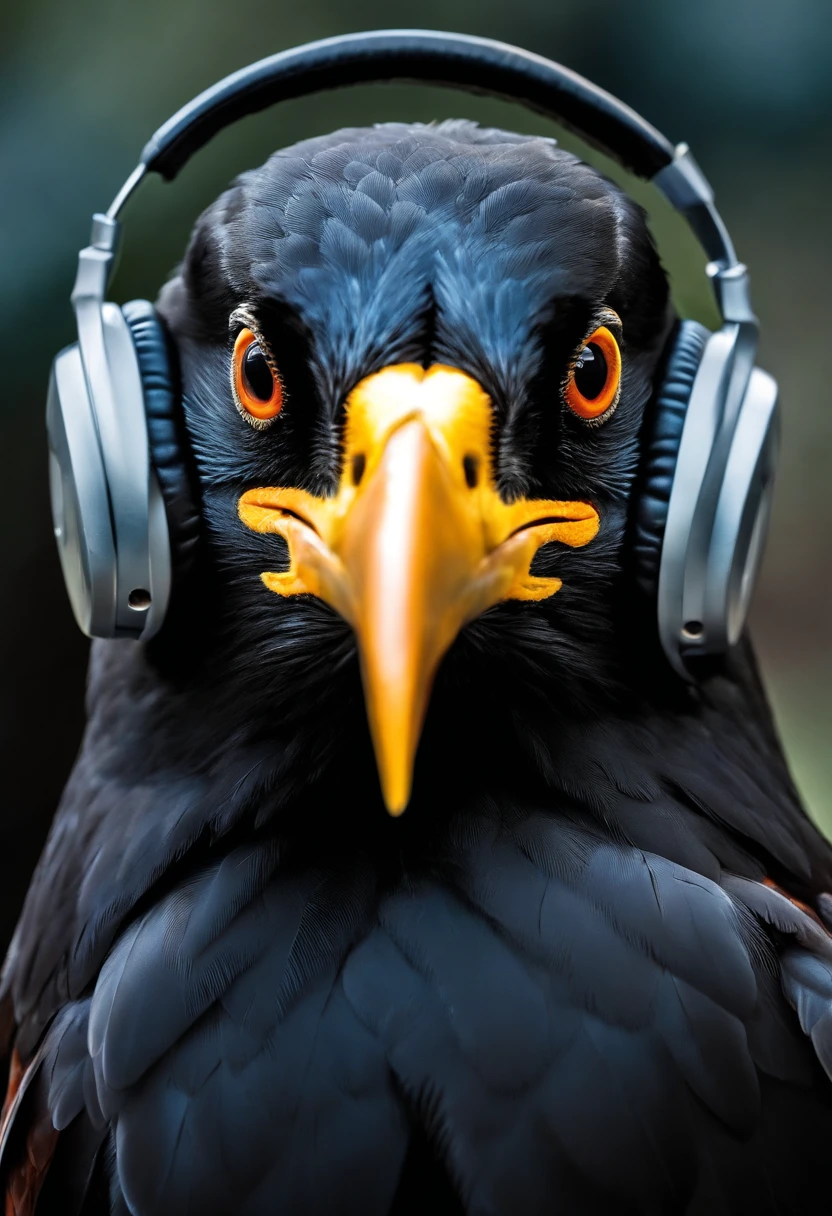 Crow's head with cheese in its mouth and headphones on its head