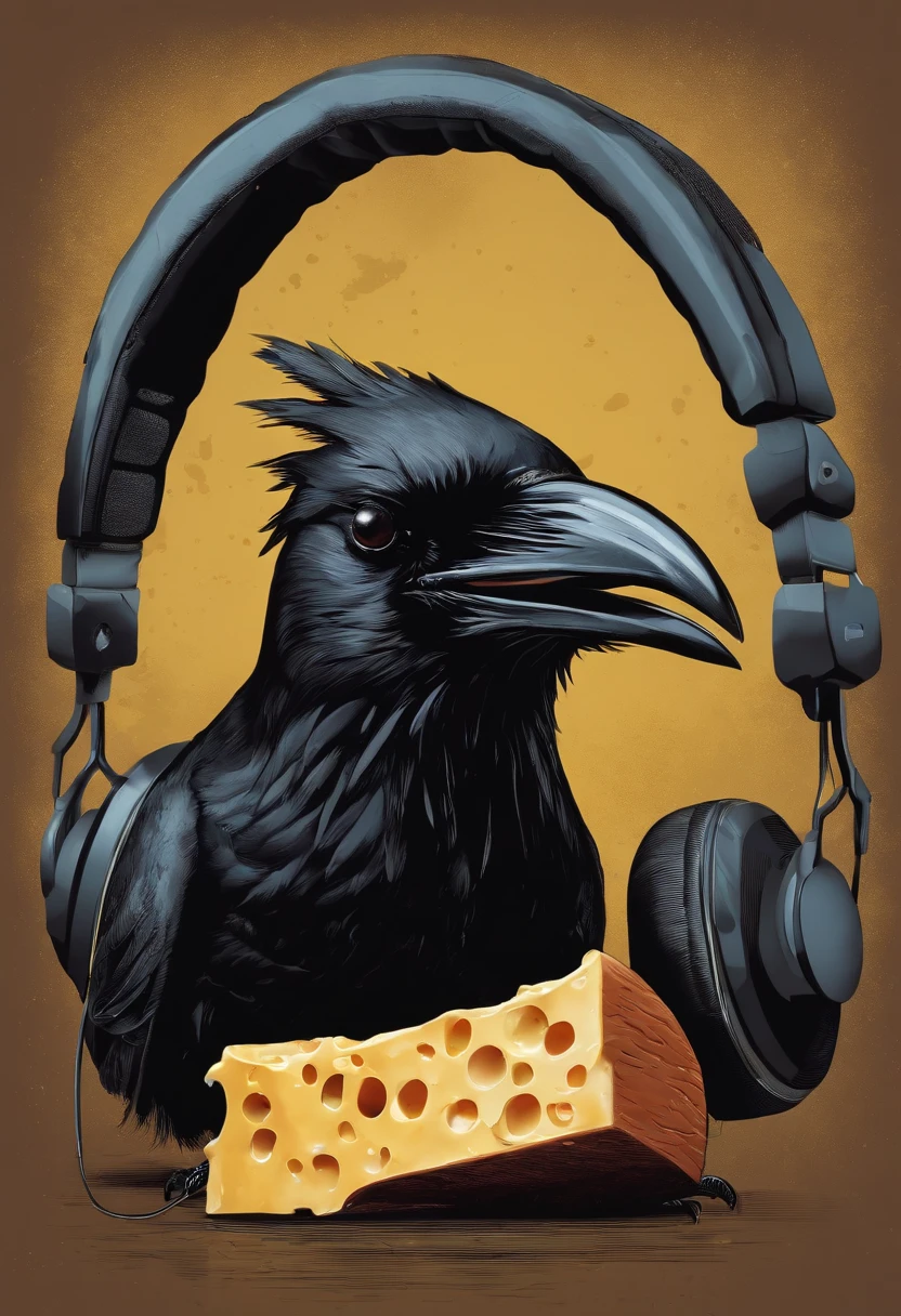 Crow's head with cheese in its mouth and headphones on its head