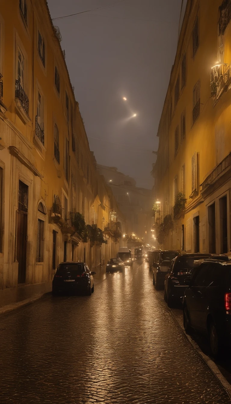 o bonde durante a chuva noturna,Light up the busy and humid streets of the city of Lisbon。rua de cidade noite chuvosa,As calcadas portuguesas com as chuvas na cidade brilham misteriosamente sob os candeeiros de rua laranja。Bondes descem pelas ruas,Make the city lively at night like the lighting of the cinema。