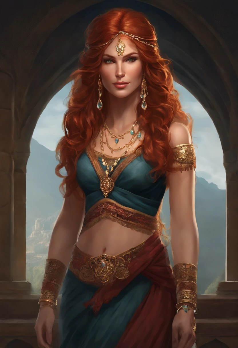 An illustration of Morgiana, a character with long flowing red hair that cascades in waves, reaching down to her hips. Her skin has a smooth and gentle brown tone, beautifully accentuating her vibrant red hair. Her amber eyes convey intensity and determination, framed by well-defined eyebrows that enhance her sharp and perceptive expression. Morgiana's nose is small and delicate, adding to her overall charm. She wears a sleeveless top with a V-neckline, revealing her shoulders and collarbone. Her long skirt gracefully drapes down to her ankles, allowing for freedom of movement. Her legs are strong and slender, and she completes her look with sandals. Adorning her wrists and forearms are bracelets and bangles, giving her a touch of rustic elegance. Chains and bindings decorate her ankles. Overall, Morgiana's appearance is unique, reflecting her cultural origins and her strong and courageous personality.