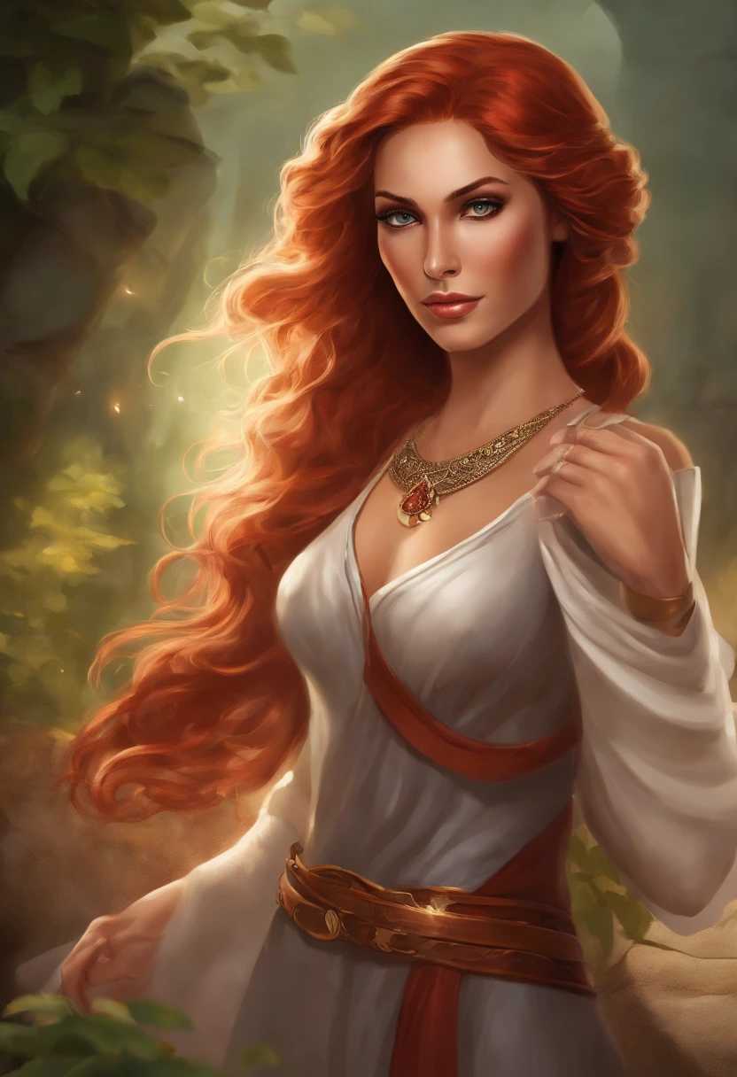 An illustration of Morgiana, a character with long flowing red hair that cascades in waves, reaching down to her hips. Her skin has a smooth and gentle brown tone, beautifully accentuating her vibrant red hair. Her amber eyes convey intensity and determination, framed by well-defined eyebrows that enhance her sharp and perceptive expression. Morgiana's nose is small and delicate, adding to her overall charm. She wears a sleeveless top with a V-neckline, revealing her shoulders and collarbone. Her long skirt gracefully drapes down to her ankles, allowing for freedom of movement. Her legs are strong and slender, and she completes her look with sandals. Adorning her wrists and forearms are bracelets and bangles, giving her a touch of rustic elegance. Chains and bindings decorate her ankles. Overall, Morgiana's appearance is unique, reflecting her cultural origins and her strong and courageous personality.