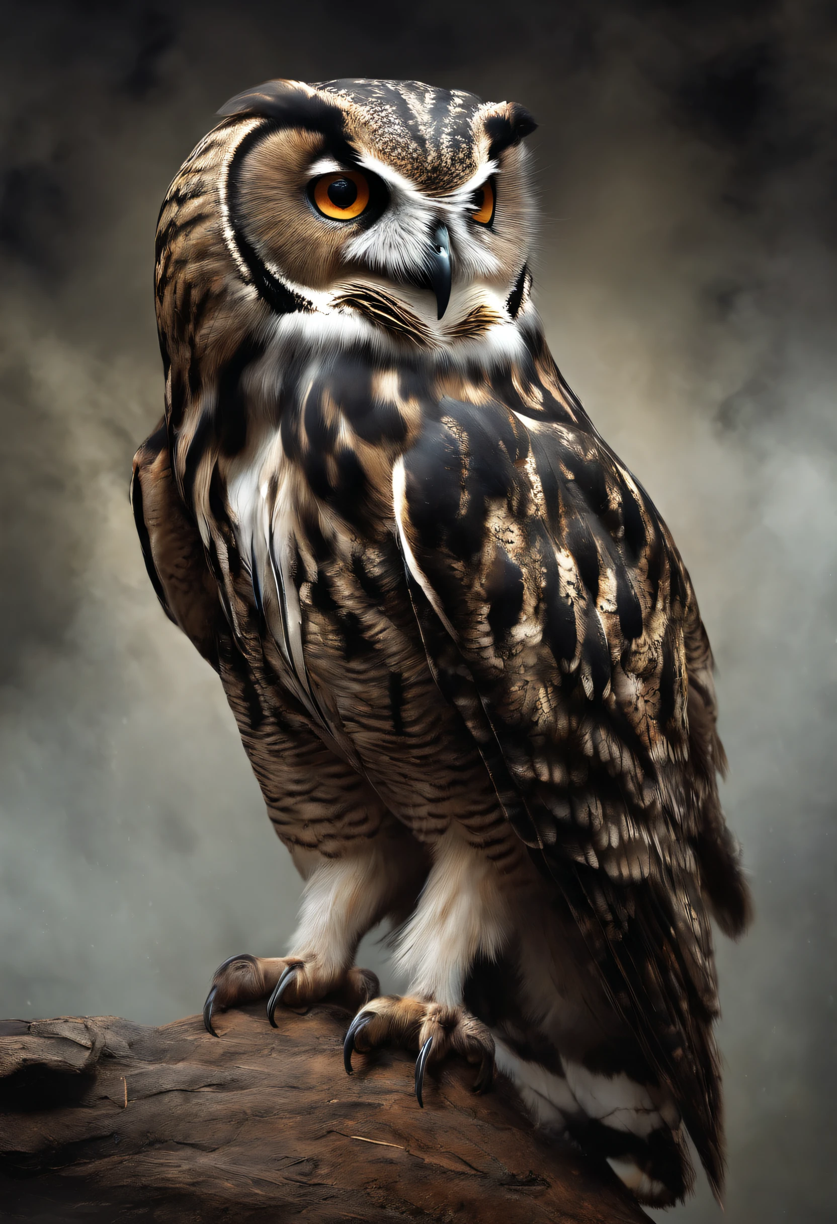 Create an owl of dark coloration and that in place of the feathers there are knives, this owl is huge, and it's flying on a dark night