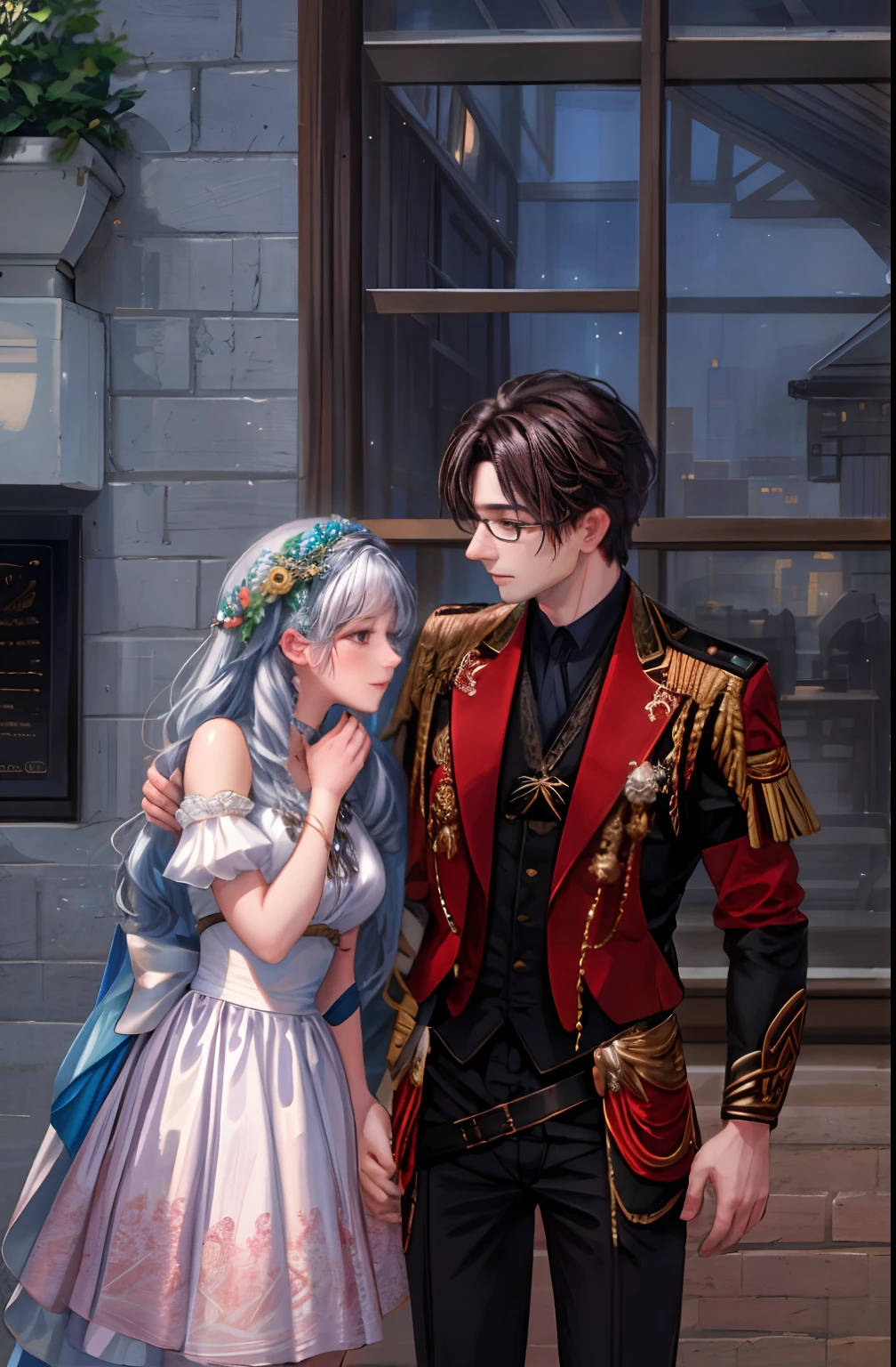 there is a man and woman standing next to each other, kissing together cutely, UHD, masterpiece, textured skin, super detail, high detail, high quality, award winning, best quality, highres, 4K