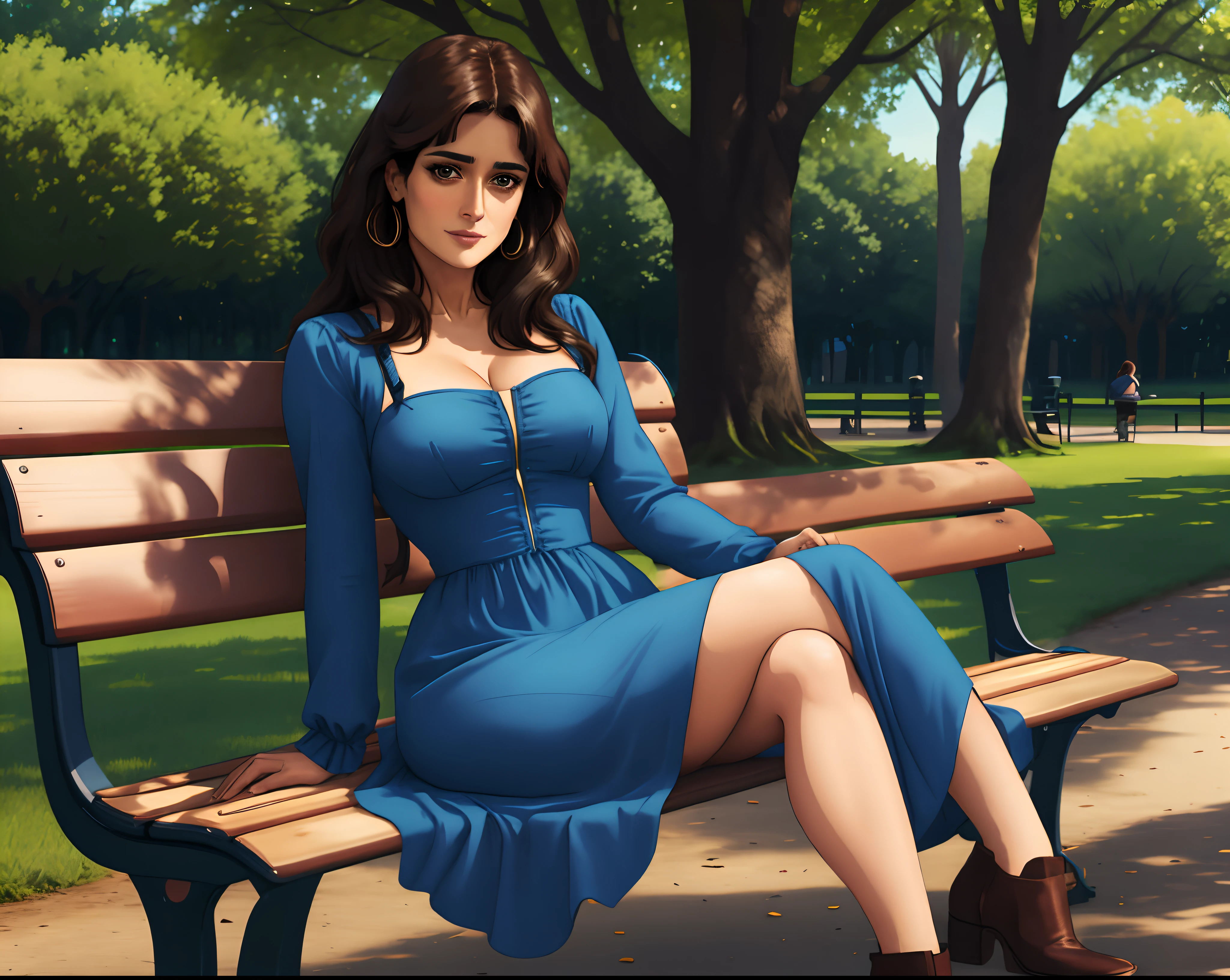 Salma Hayek sitting on a bench in the park on a blue dress