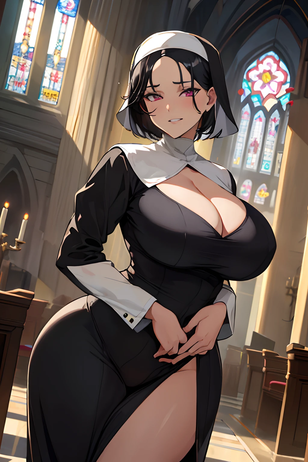 (masterpiece, best quality, high quality, highres:1.4), detailed, extremely detailed, ambient soft lighting, 4K, 1girl, (mature female, milf:1.2), (short hair, black hair, straight hair, slick hair:1.3), (pink eyes, seductive grin), huge breasts, voluptuous, narrow waist, (sexy nun outfit, cleavage:1.3), hands on own chest, from below, marble floor, church, light rays, giant breasts, wide hips, juicy lips, plump lips
