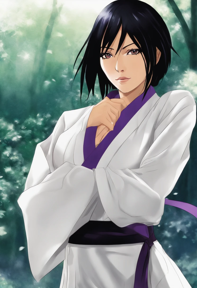 An illustration of Rukia Kuchiki, a character from the anime "Bleach". Rukia has short black hair with a straight bang that covers her forehead. Her eyes are large and vibrant purple, with clearly visible purple irises. Her pale skin contrasts beautifully with her dark hair. Rukia has a captivating and alluring presence, with a gaze that exudes a mix of disdain, mischief, and sensuality. She has a slender figure with smaller breasts, adding to her unique charm. The image captures Rukia's intriguing and enigmatic nature, showcasing her captivating allure and mischievous personality.