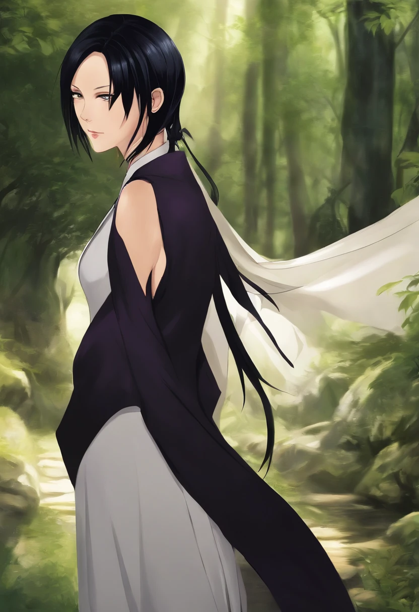 An illustration of Rukia Kuchiki, a character from the anime "Bleach". Rukia has short black hair with a straight bang that covers her forehead. Her eyes are large and vibrant purple, with clearly visible purple irises. Her pale skin contrasts beautifully with her dark hair. Rukia has a captivating and alluring presence, with a gaze that exudes a mix of disdain, mischief, and sensuality. She has a slender figure with smaller breasts, adding to her unique charm. The image captures Rukia's intriguing and enigmatic nature, showcasing her captivating allure and mischievous personality.