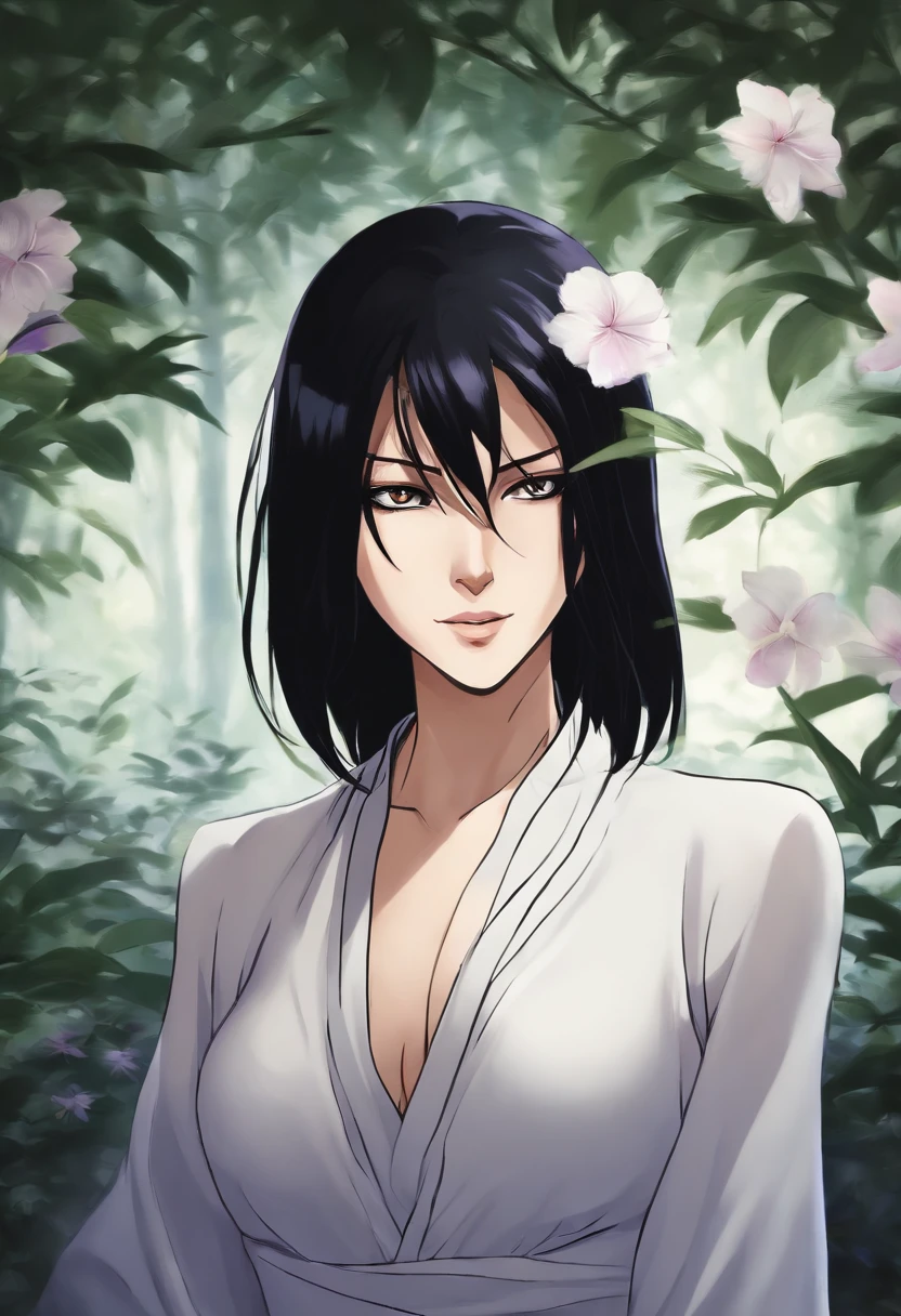 An illustration of Rukia Kuchiki, a character from the anime "Bleach". Rukia has short black hair with a straight bang that covers her forehead. Her eyes are large and vibrant purple, with clearly visible purple irises. Her pale skin contrasts beautifully with her dark hair. Rukia has a captivating and alluring presence, with a gaze that exudes a mix of disdain, mischief, and sensuality. She has a slender figure with smaller breasts, adding to her unique charm. The image captures Rukia's intriguing and enigmatic nature, showcasing her captivating allure and mischievous personality.