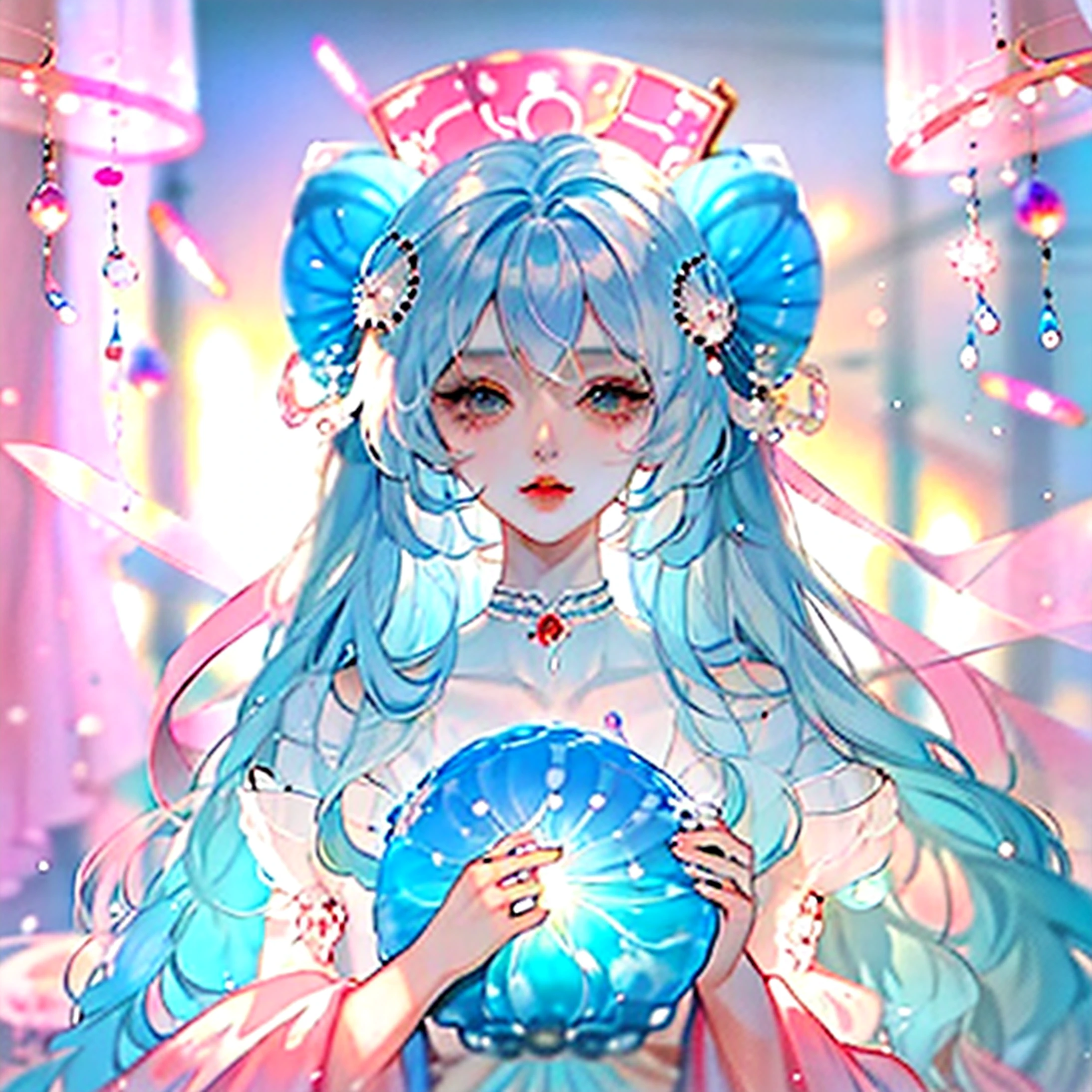 Anime girl with blue hair and jellyfish on the background, Jellyfish Priestess, jellyfish shrine maiden, soft anime illustration, jellyfish headdress, anime style illustration, sea like jelly, Jellyfish, beautiful anime art style, jelly fish, Blue jellyfish, anime girl with cosmic hair, jellyfish god, In an anime style, Jellyfish, jello, blue transparent jelly