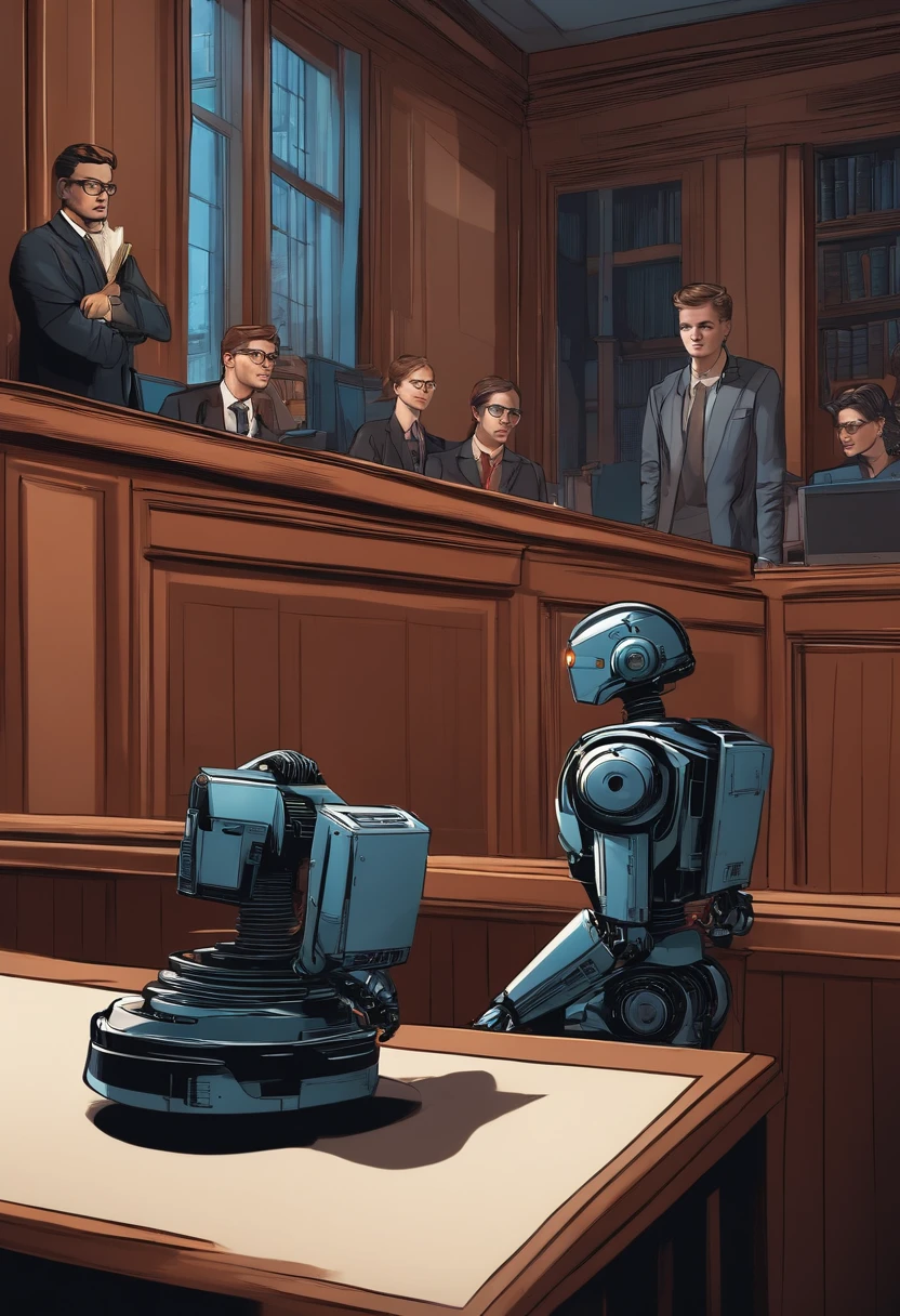 Law students in a forum watching a trial with several law books where we have a robot judge and artificial intelligence