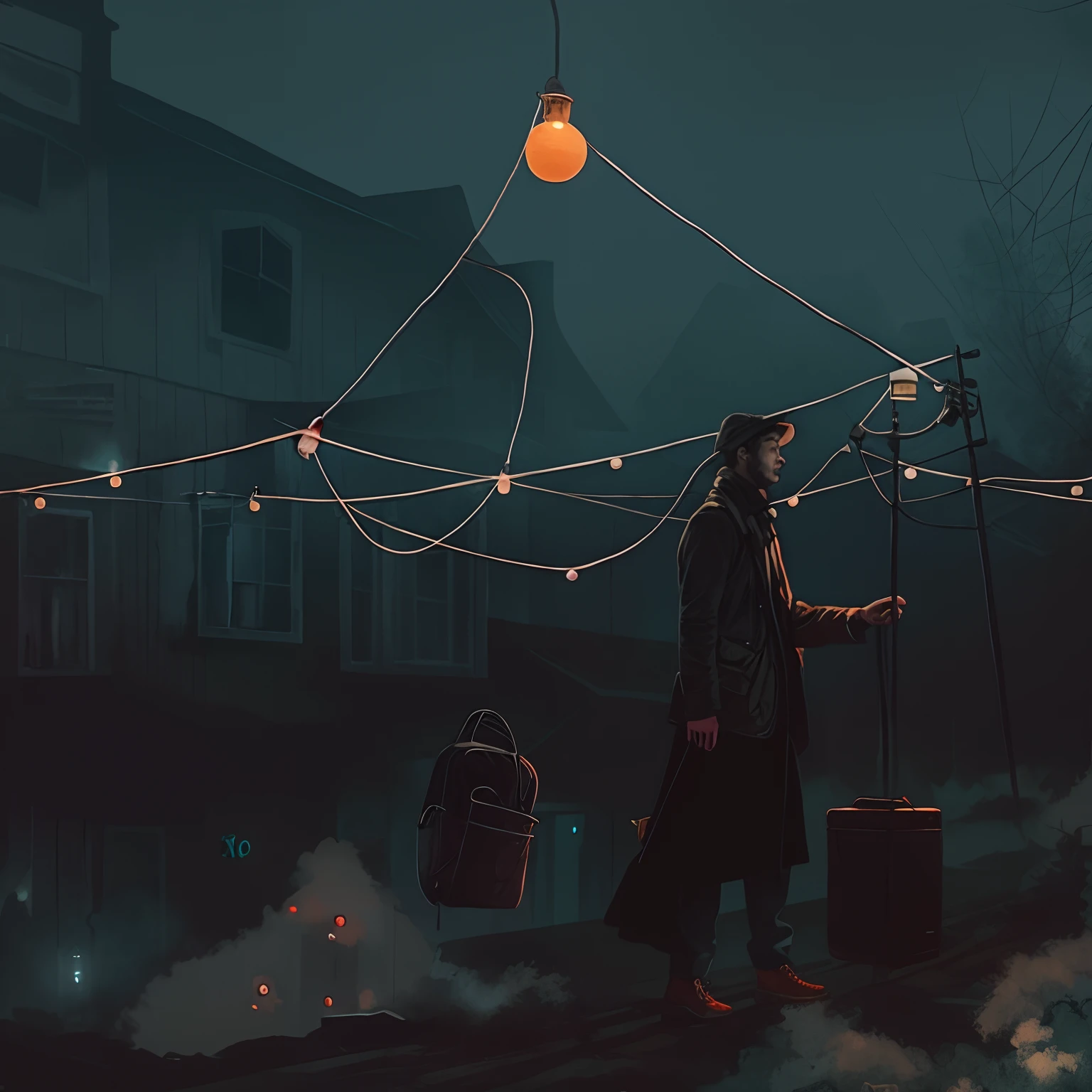 a man standing in front of an old building with a string of futuristic lights, carrying essentials on shoulder, concept illustration, dark atmosphere with fog, shady , an ominous fantasy illustration
