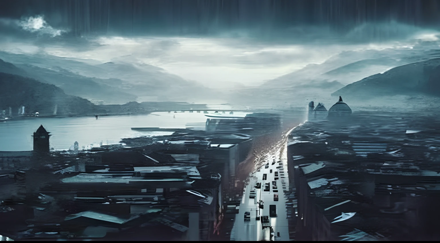 Vista Arafed de uma cidade com um rio e uma ponte, Estilo Andreas Rocha, CGSsociety, highes definition, Max Rive, realismo | bipe, g cgsociedade, cinematic beeple, pintura fosca 4k 8k, Bussiere Rutkowski Andreas Rocha, awesome and moody, Alvorada CGoreatation, Sobre a CGSeportence