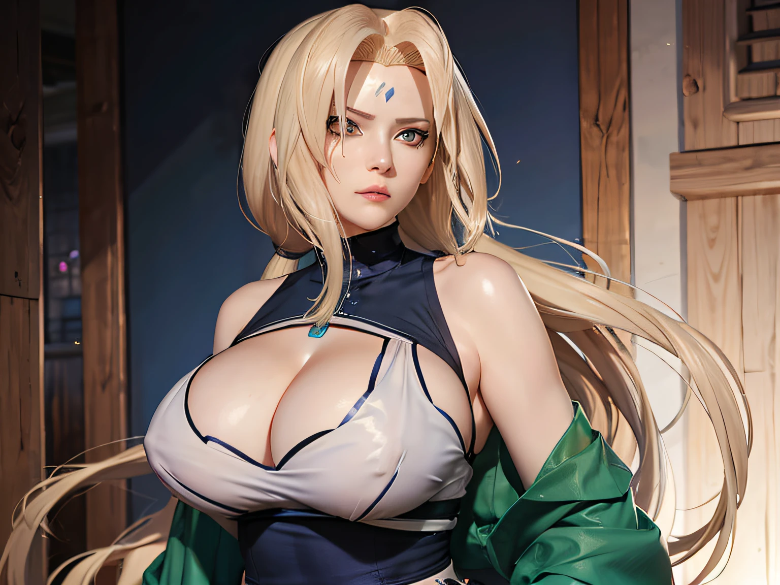 Tsunade,Ripe body,Off-the-shoulder attire,the detail,see-through transparent clothes,blue color eyes,,Makeup,huge tit,areola of breast,tit,nipple_outline