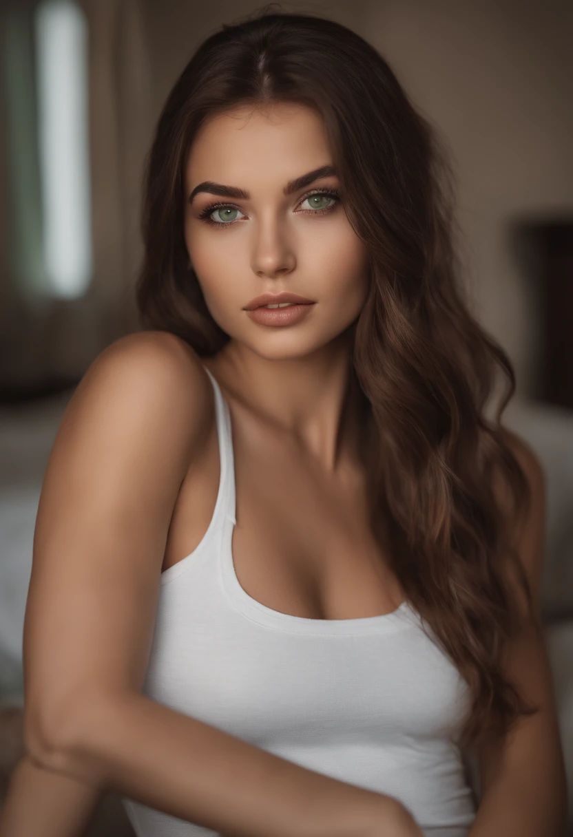 Arafed woman with matching tank top and panties, Sexy girl with brown eyes, portrait sophie mudd, brown hair and big eyes, Selfie einer jungen Frau, Augen im Schlafzimmer, Violet Myers, ohne Make-up, Natural makeup, Blick direkt in die Kamera, Gesicht mit Artgram, dezentes Make-up, Stunning full body shot, Spaltung, am Esstisch sitzen
