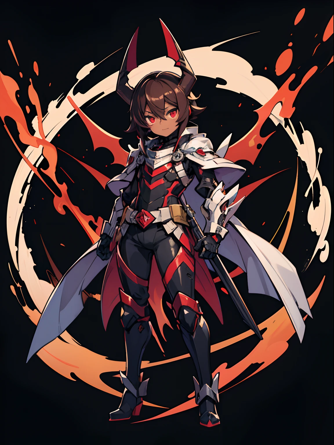 Masterpiece High res, cute (1 shota)  dark skin child, with red eyes, long dark brown hair, wearing a black full body magical black  armoured powersuit, black gaunlets, future cardfight buddyfight, demon lord