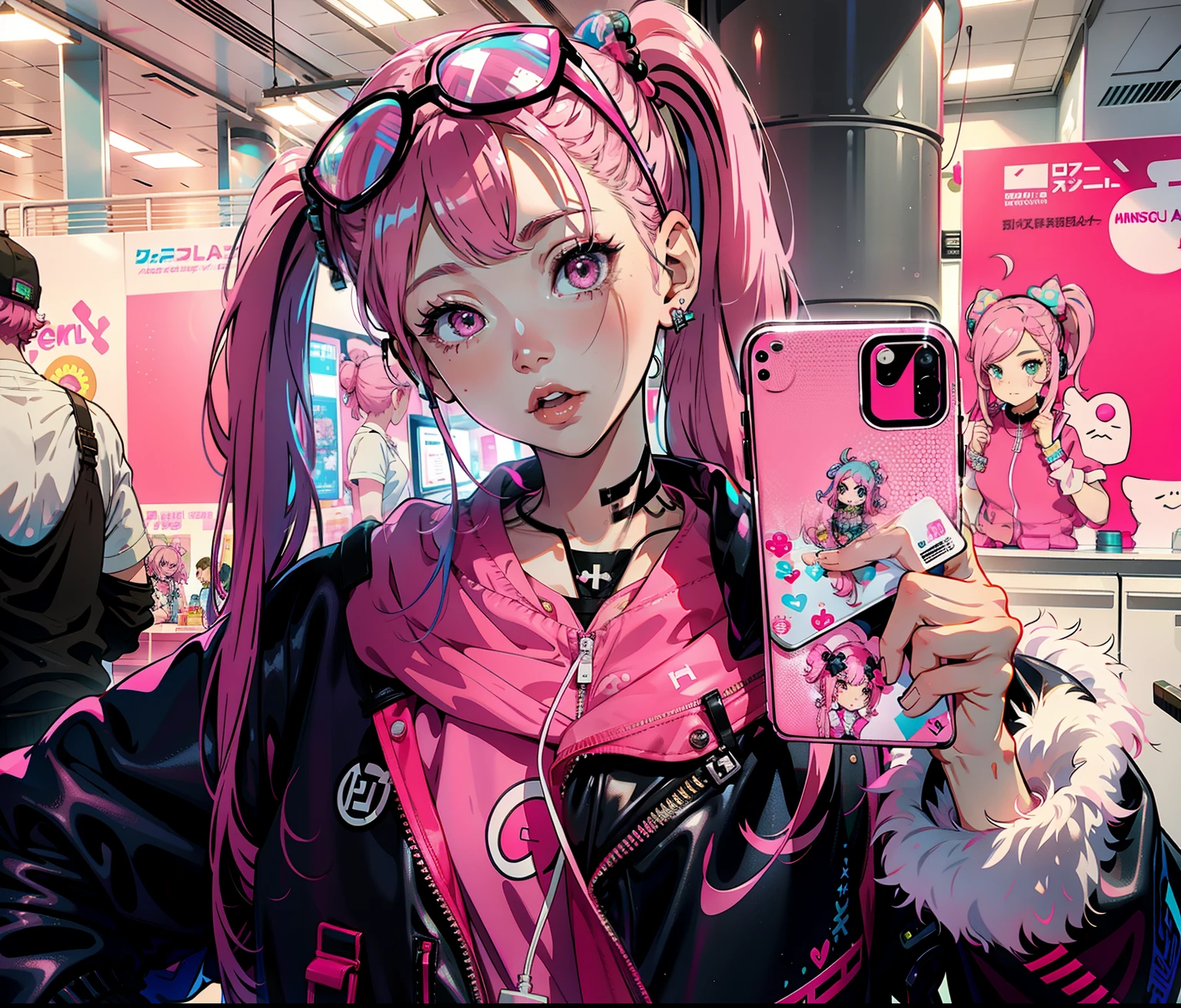 Alafe girl with pink hair and pink headphones holding mobile phone, Belle Delphine, With pink hair, pink twintail hair and cyan eyes, e - girl, e-Girl, jossi of blackpink, she looks like a mix of grimes, harajuku hair, Pigtails hairstyle, decora inspired, portrait of jossi of blackpink
