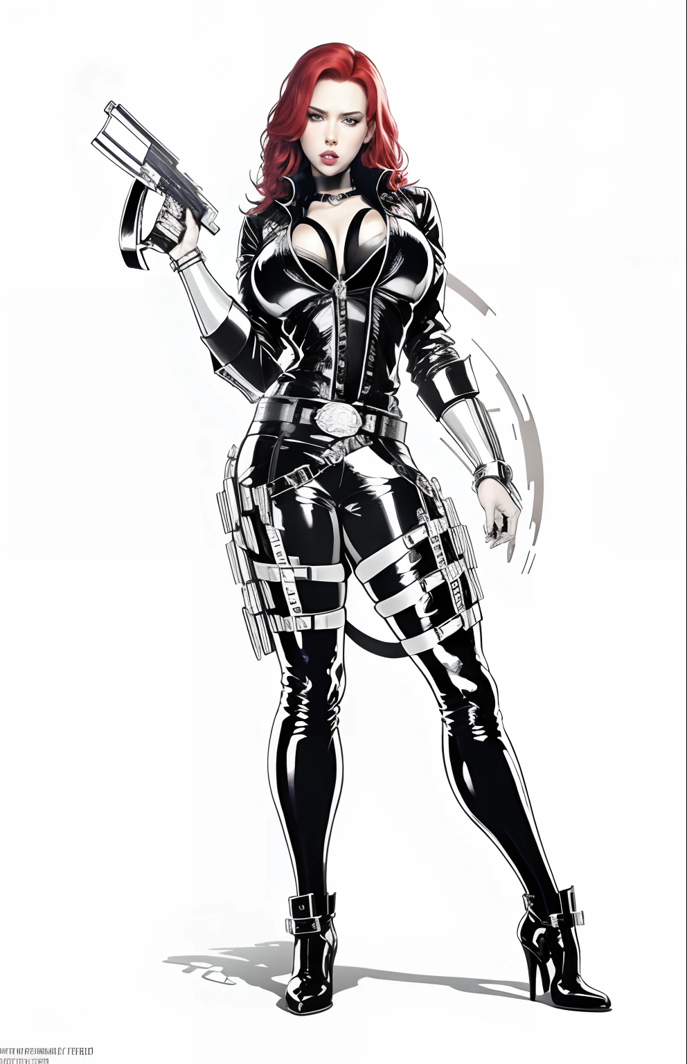 black widow scarlet johansson, Scarlet Johansson Face, symmetrical face, red hair, (huge tits:1.2), long legs, (large belt buckle:1.5)