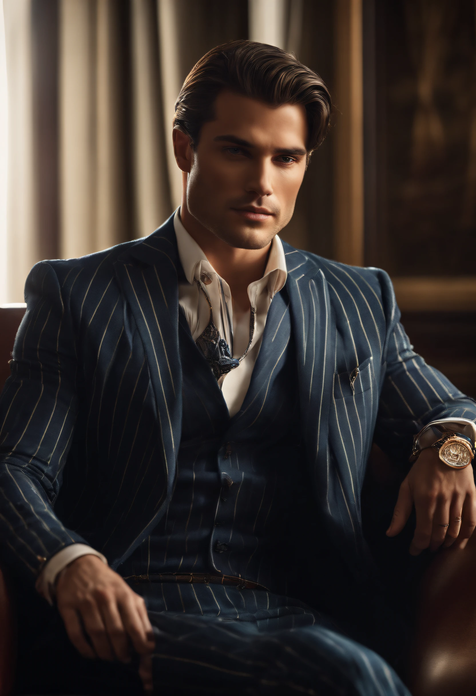 Character sitting on a chair with arms raised, Dark hair (neck-length hair tied in a ponytail,), Nice Pose, Handsome man, Pretty Face, royal elegant pose, businessman, (In a striped blazer), (The surrounding environment is a luxurious and classic living room) (Sandtone imagery)