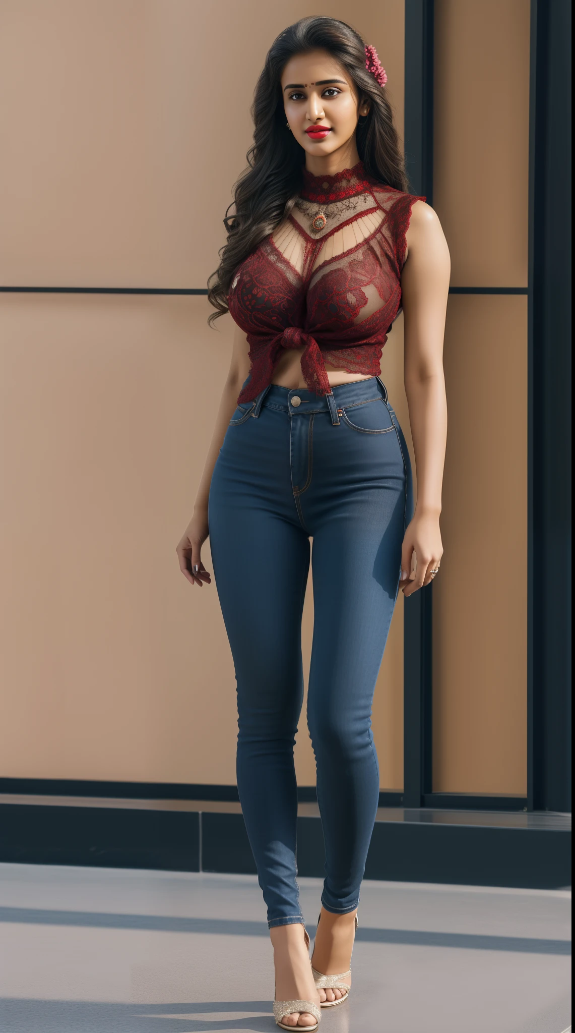 (full body shot:1.5), (Masterpiece:1.37), (Indian babe:1.5), (straight view, straight figure, wide angle pose, standing position:0.5), inspired by disha patani, she is in standing position, 1girl, solo girl, 18 year old girl, ultra realistic face, hyperrealistic, hyperdetailed, (looking at viewers:0.5), sharpen, detailed face, detailed eyes, detailed lips, red lips, beautiful face, 16k, FHD, raw photo, cute face mesh, pretty face mesh, girl in luxury office, beautiful hair style, tied hair, (beautiful round neck blouse, fancy blouse, fancy tight black jeans), intricate, extremely detailed, (perfect spherical shape boobs, high perky boobs, huge boobs), (curvy hips), scattering surface, ultra realistic texture, smooth skin, realistic face, glow lip, glow face, very_high_resolution, perfect figure, beautiful curved body, fit body, (fancy high heel), fancy club hair ornament, ((very fit body, perfect body)),