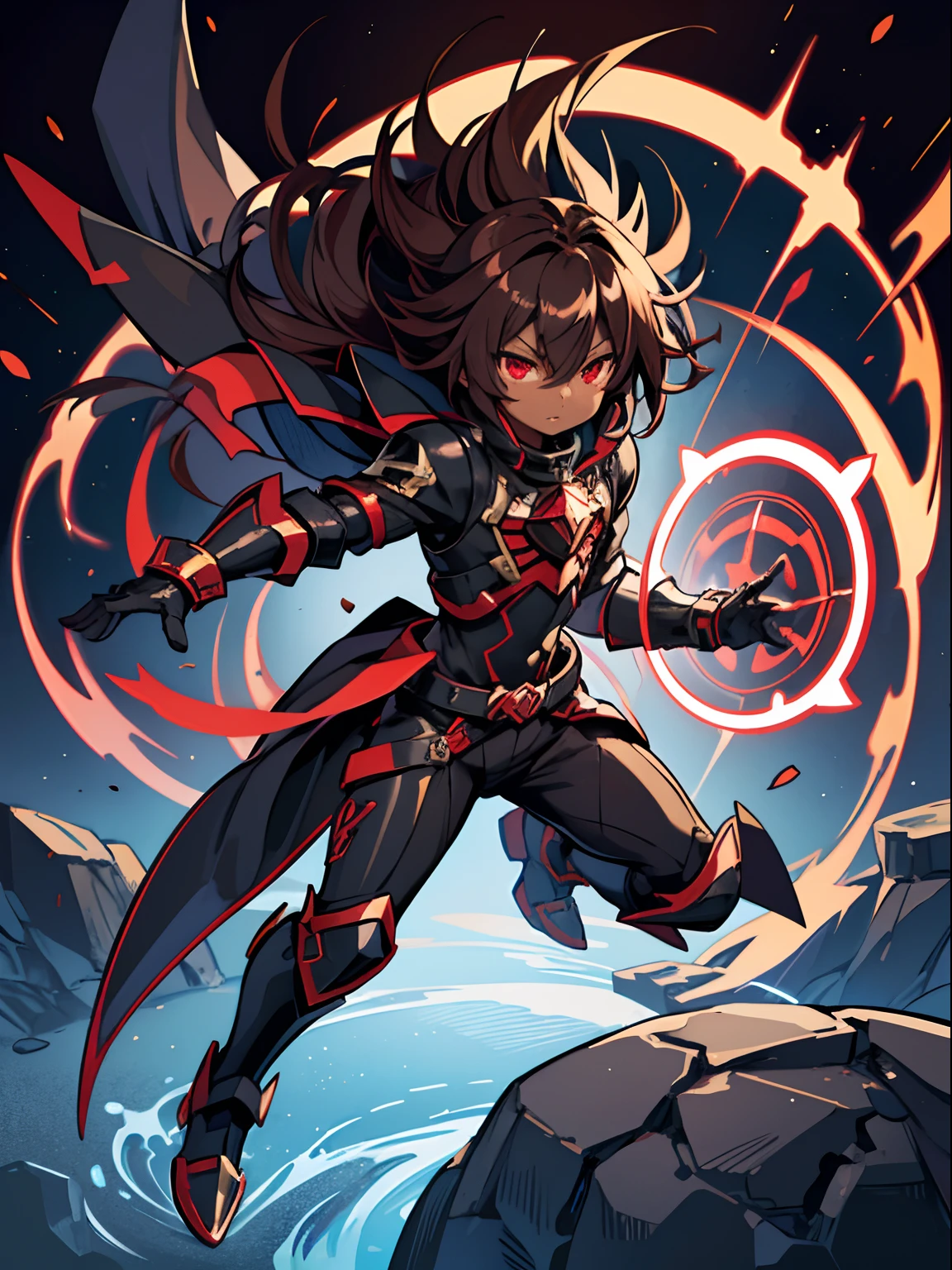 Masterpiece High res, cute (1 shota)  dark skin child, with red eyes, long dark brown hair, wearing a black full body magical black  armoured powersuit, black gaunlets, future cardfight buddyfight, demon lord,  Magic circles with runes, floating