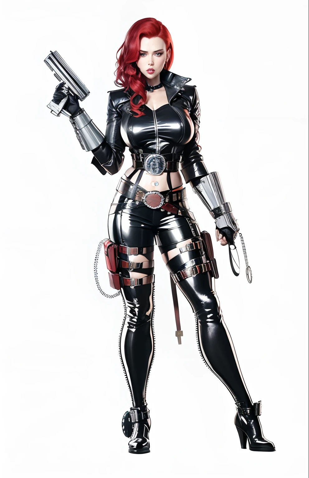 black widow scarlet johansson, Scarlet Johansson Face, perfect face, red hair, smile, (huge tits:1.2), (cleavage:0.1), (Wide Hips:1.2), (Hour Glass Shape:1.2), (large belt buckle:1.5)